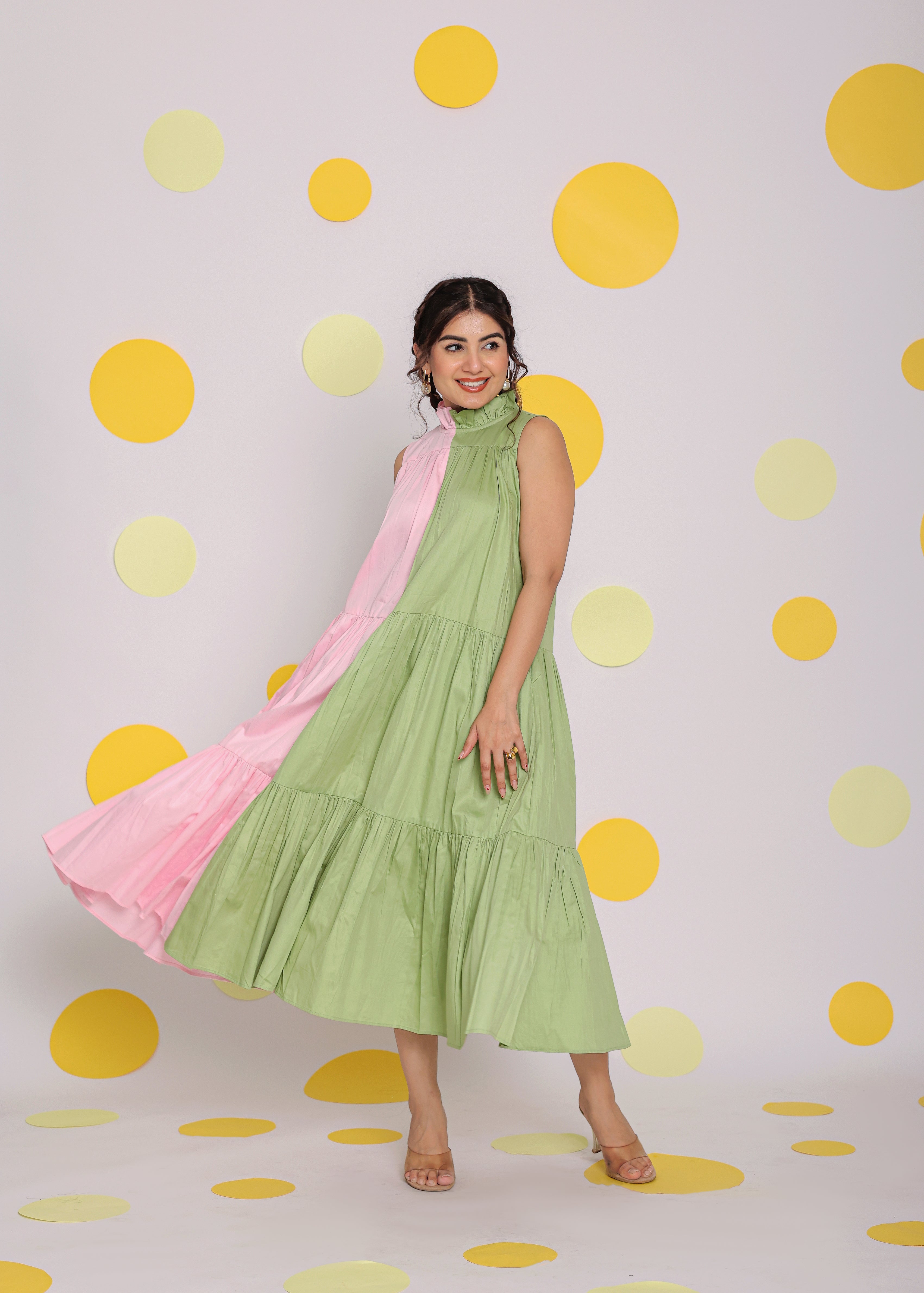 Colour Block Baby Pink and Green 100% Cotton Relaxed High Neck Vacation Midi Dress - Kaoribyshreya