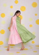 Colour Block Baby Pink and Green 100% Cotton Relaxed High Neck Vacation Midi Dress - Kaoribyshreya