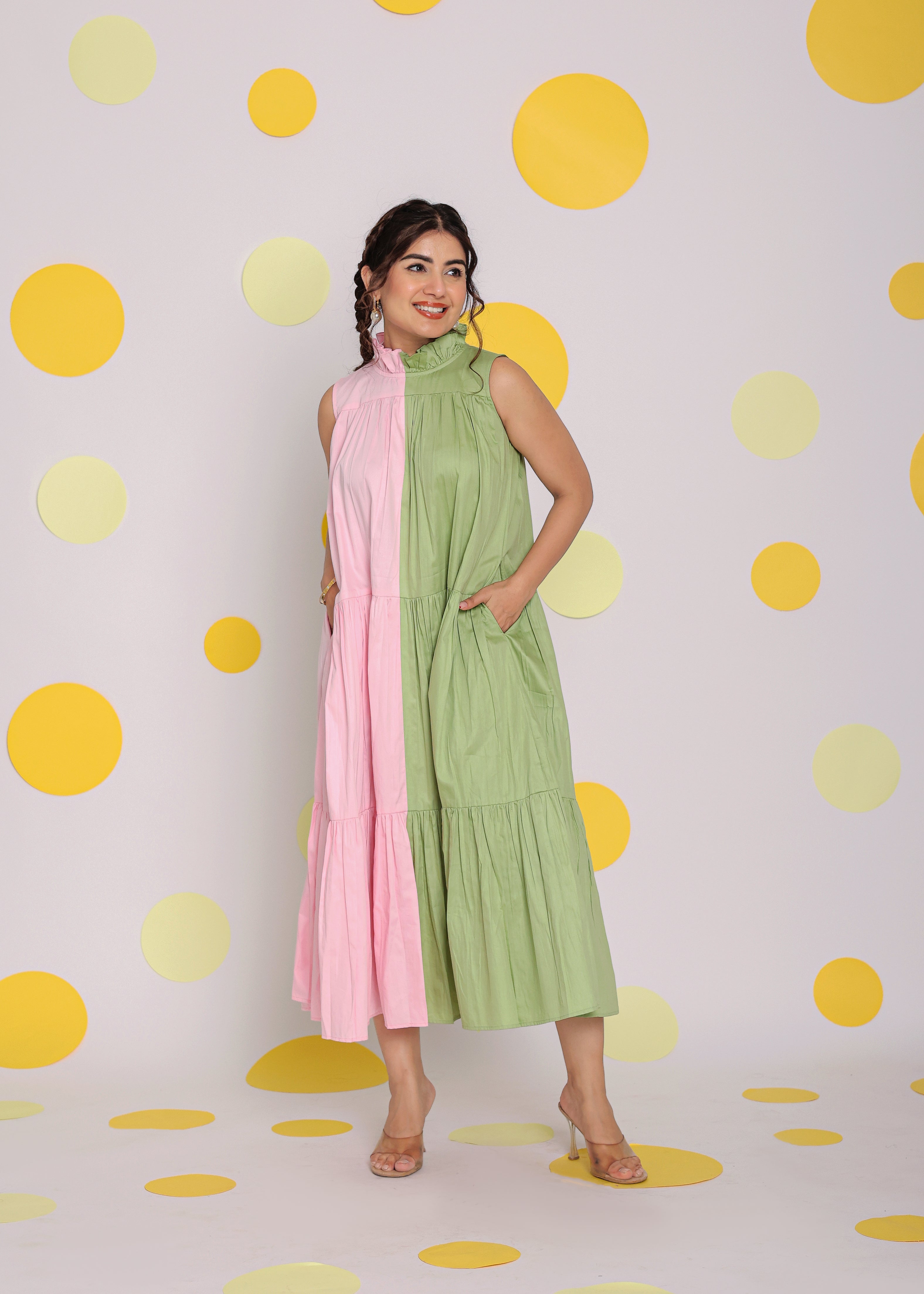 Colour Block Baby Pink and Green 100% Cotton Relaxed High Neck Vacation Midi Dress - Kaoribyshreya