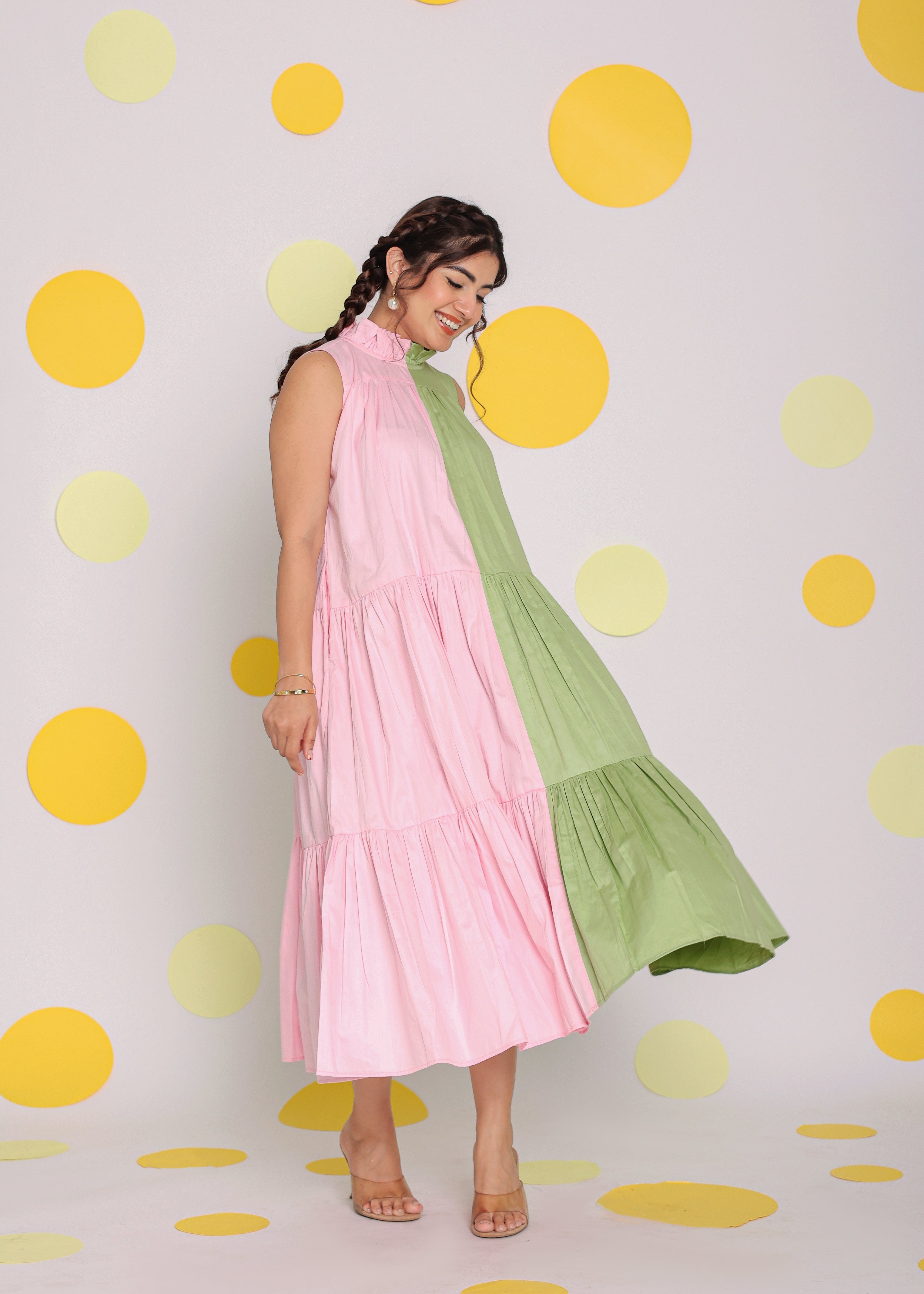 Colour Block Baby Pink and Green 100% Cotton Relaxed High Neck Vacation Midi Dress - Kaoribyshreya