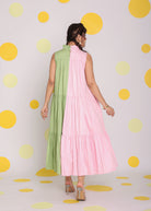 Colour Block Baby Pink and Green 100% Cotton Relaxed High Neck Vacation Midi Dress - Kaoribyshreya
