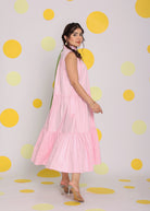 Colour Block Baby Pink and Green 100% Cotton Relaxed High Neck Vacation Midi Dress - Kaoribyshreya