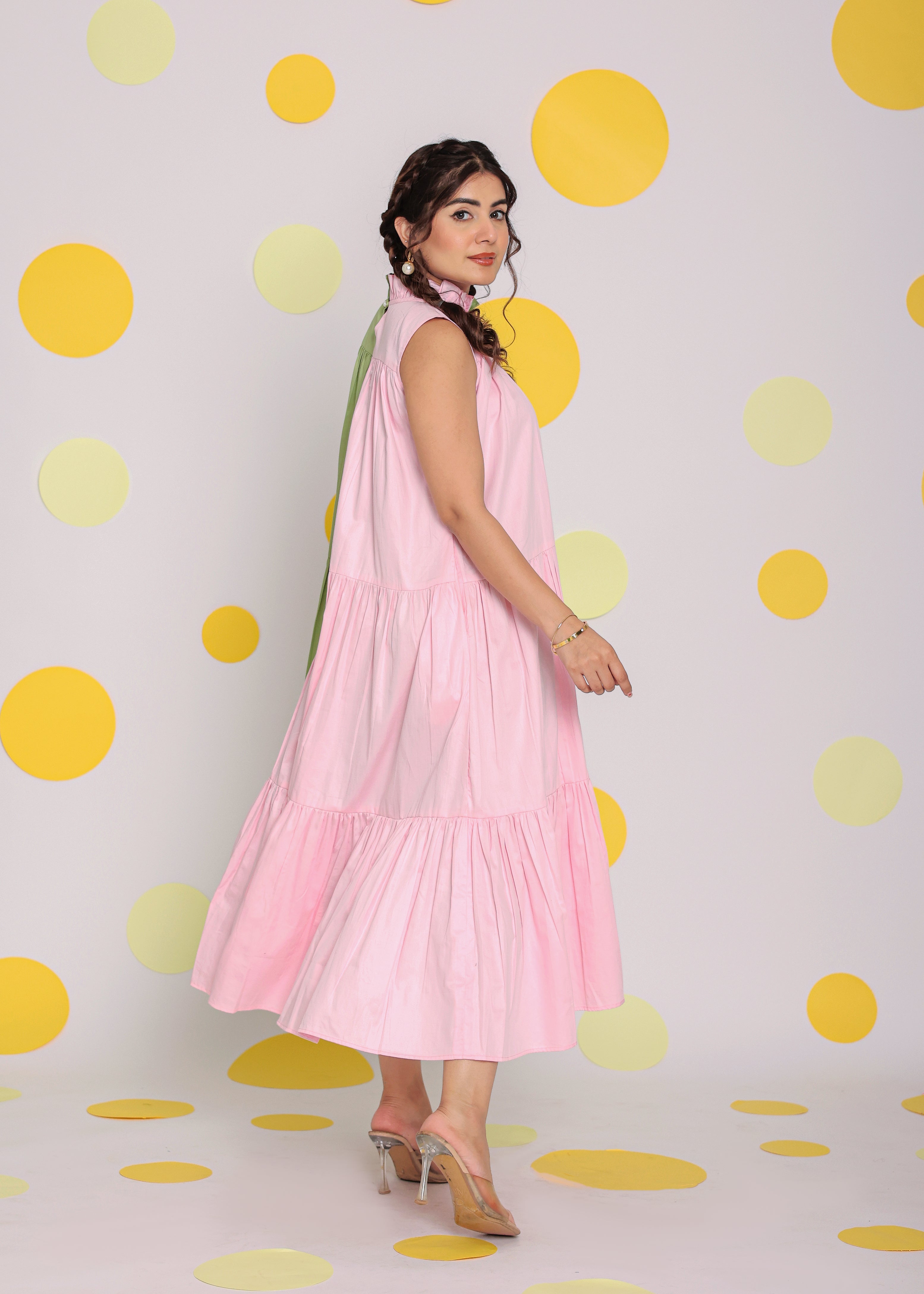 Colour Block Baby Pink and Green 100% Cotton Relaxed High Neck Vacation Midi Dress - Kaoribyshreya