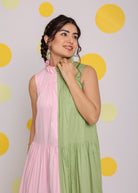 Colour Block Baby Pink and Green 100% Cotton Relaxed High Neck Vacation Midi Dress - Kaoribyshreya