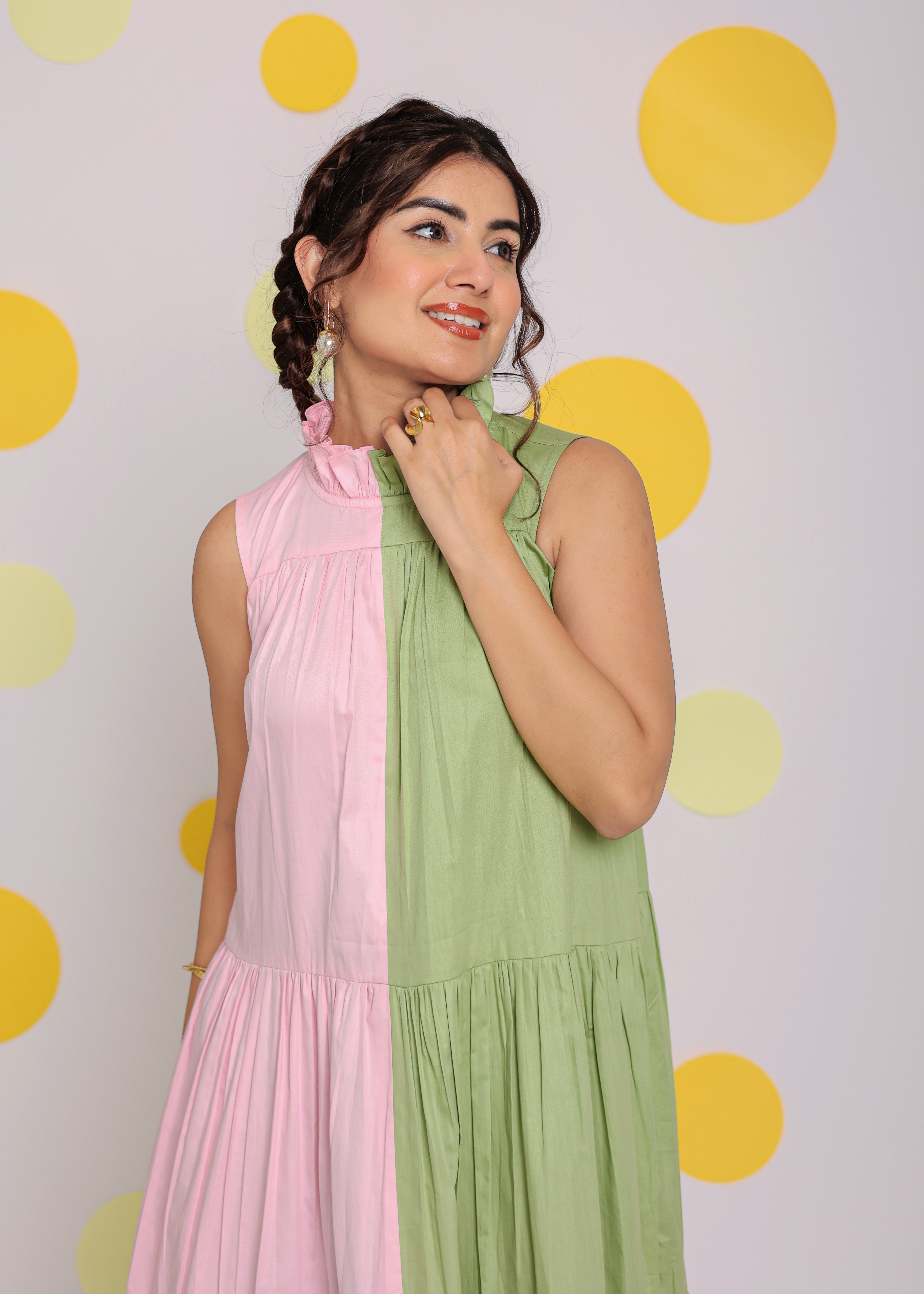Colour Block Baby Pink and Green 100% Cotton Relaxed High Neck Vacation Midi Dress - Kaoribyshreya