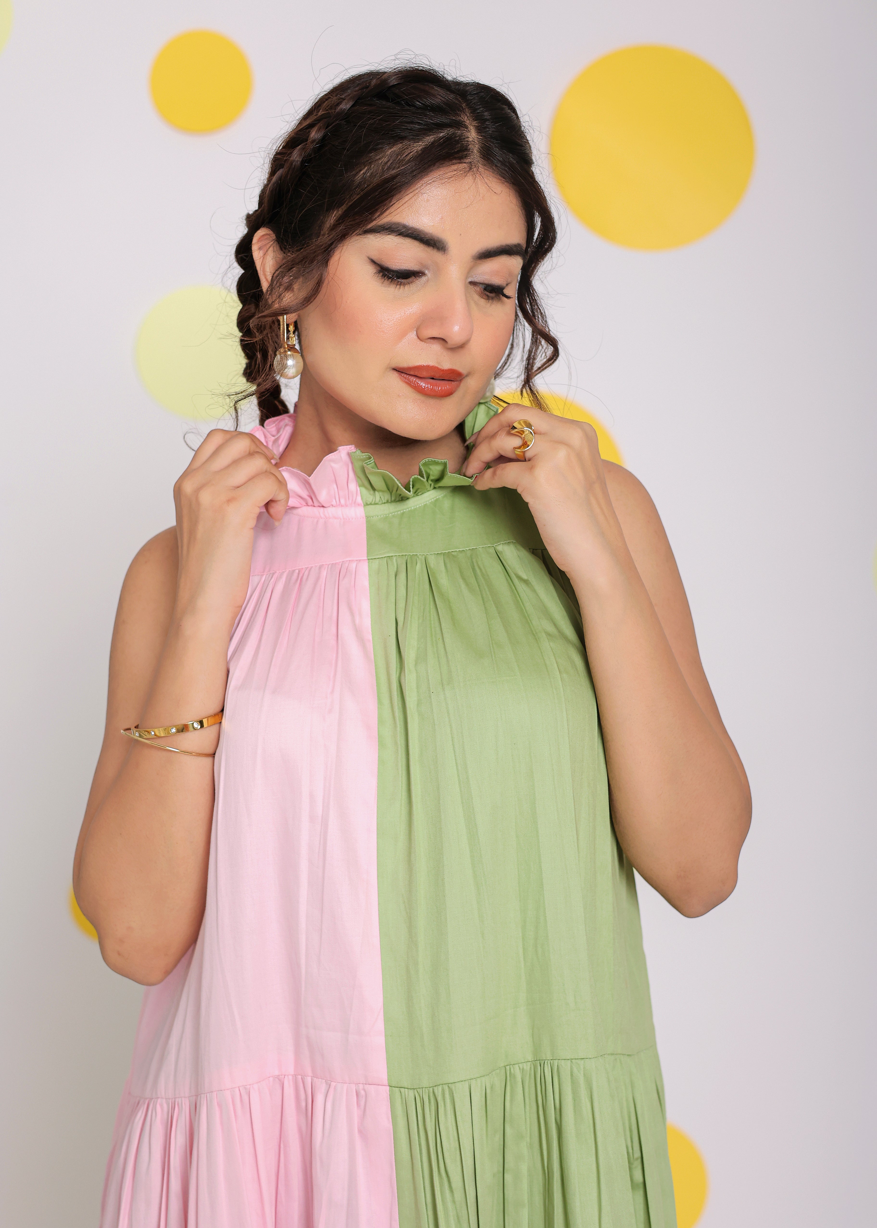 Colour Block Baby Pink and Green 100% Cotton Relaxed High Neck Vacation Midi Dress - Kaoribyshreya