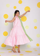 Colour Block Baby Pink and Green 100% Cotton Relaxed High Neck Vacation Midi Dress - Kaoribyshreya