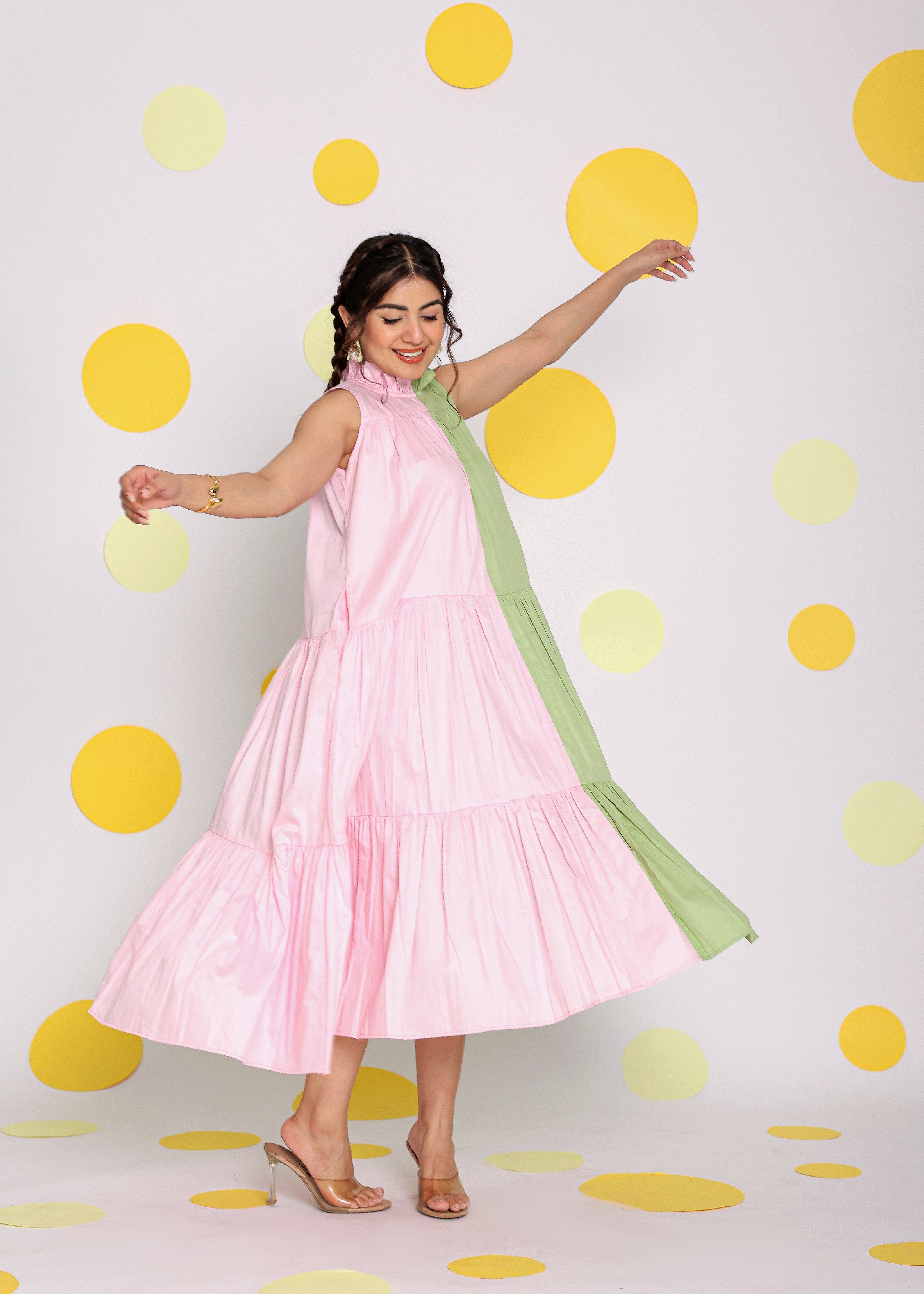 Colour Block Baby Pink and Green 100% Cotton Relaxed High Neck Vacation Midi Dress - Kaoribyshreya