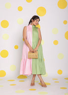 Colour Block Baby Pink and Green 100% Cotton Relaxed High Neck Vacation Midi Dress - Kaoribyshreya