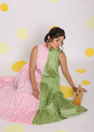 Colour Block Baby Pink and Green 100% Cotton Relaxed High Neck Vacation Midi Dress - Kaoribyshreya