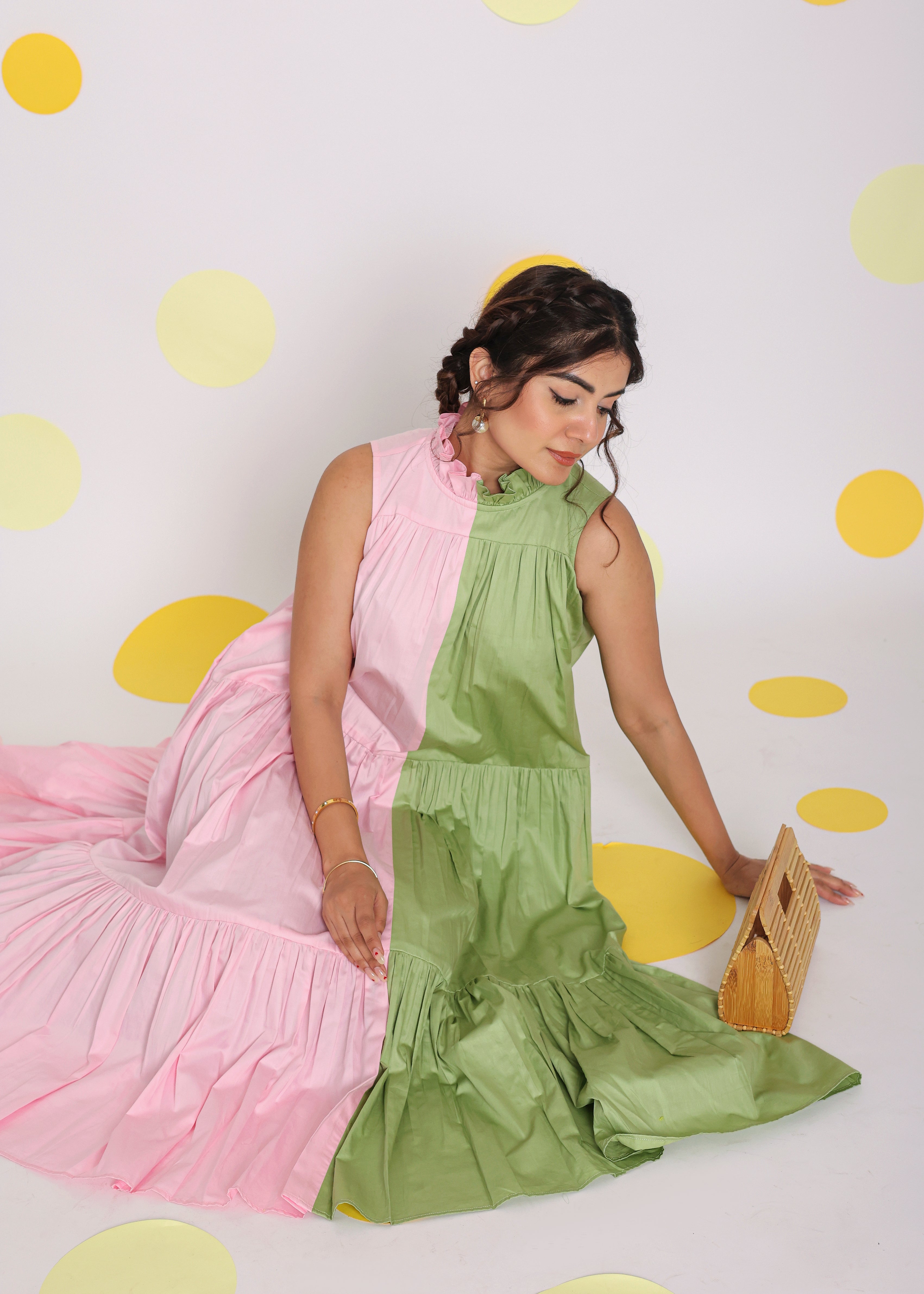 Colour Block Baby Pink and Green 100% Cotton Relaxed High Neck Vacation Midi Dress - Kaoribyshreya