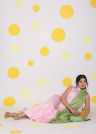 Colour Block Baby Pink and Green 100% Cotton Relaxed High Neck Vacation Midi Dress - Kaoribyshreya