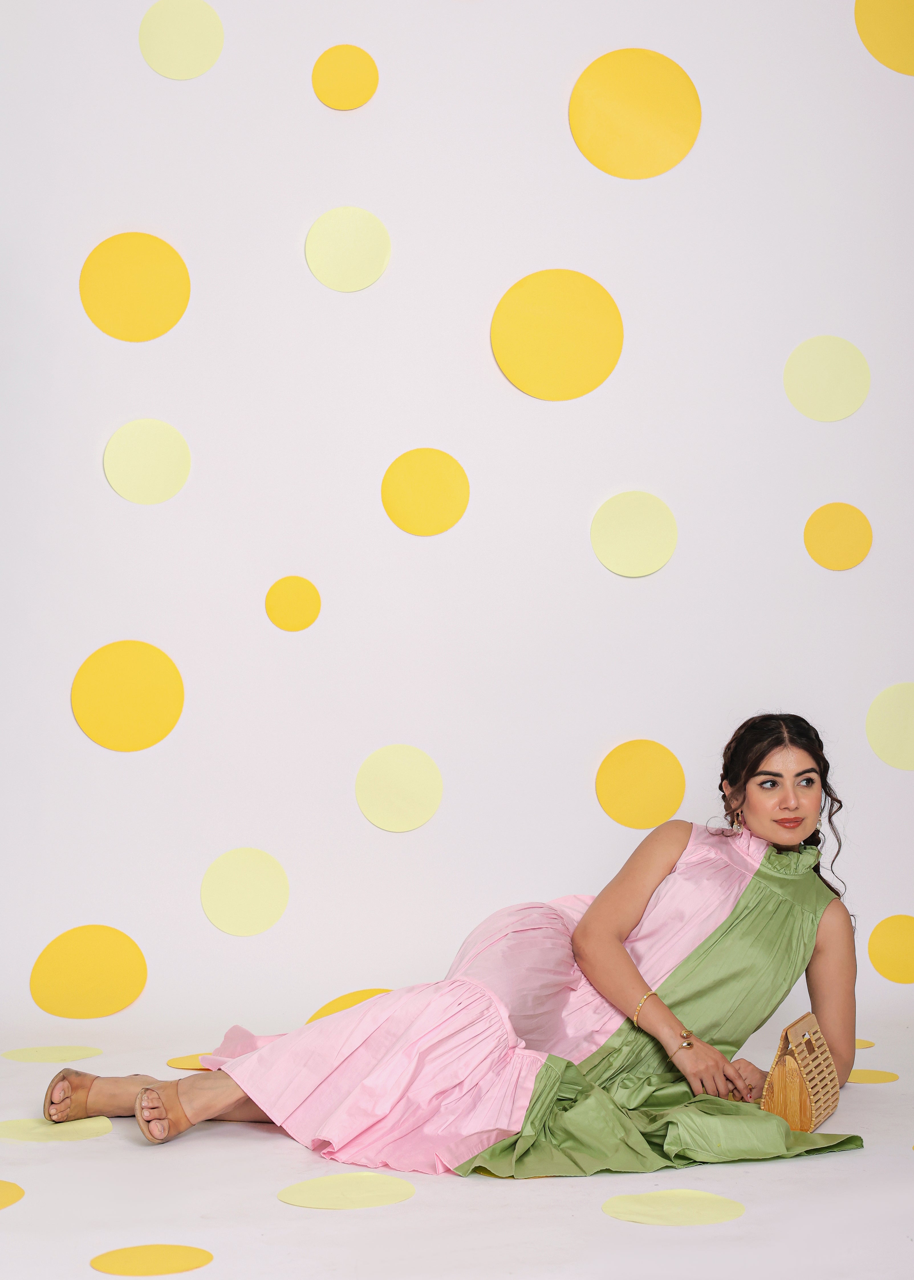 Colour Block Baby Pink and Green 100% Cotton Relaxed High Neck Vacation Midi Dress - Kaoribyshreya