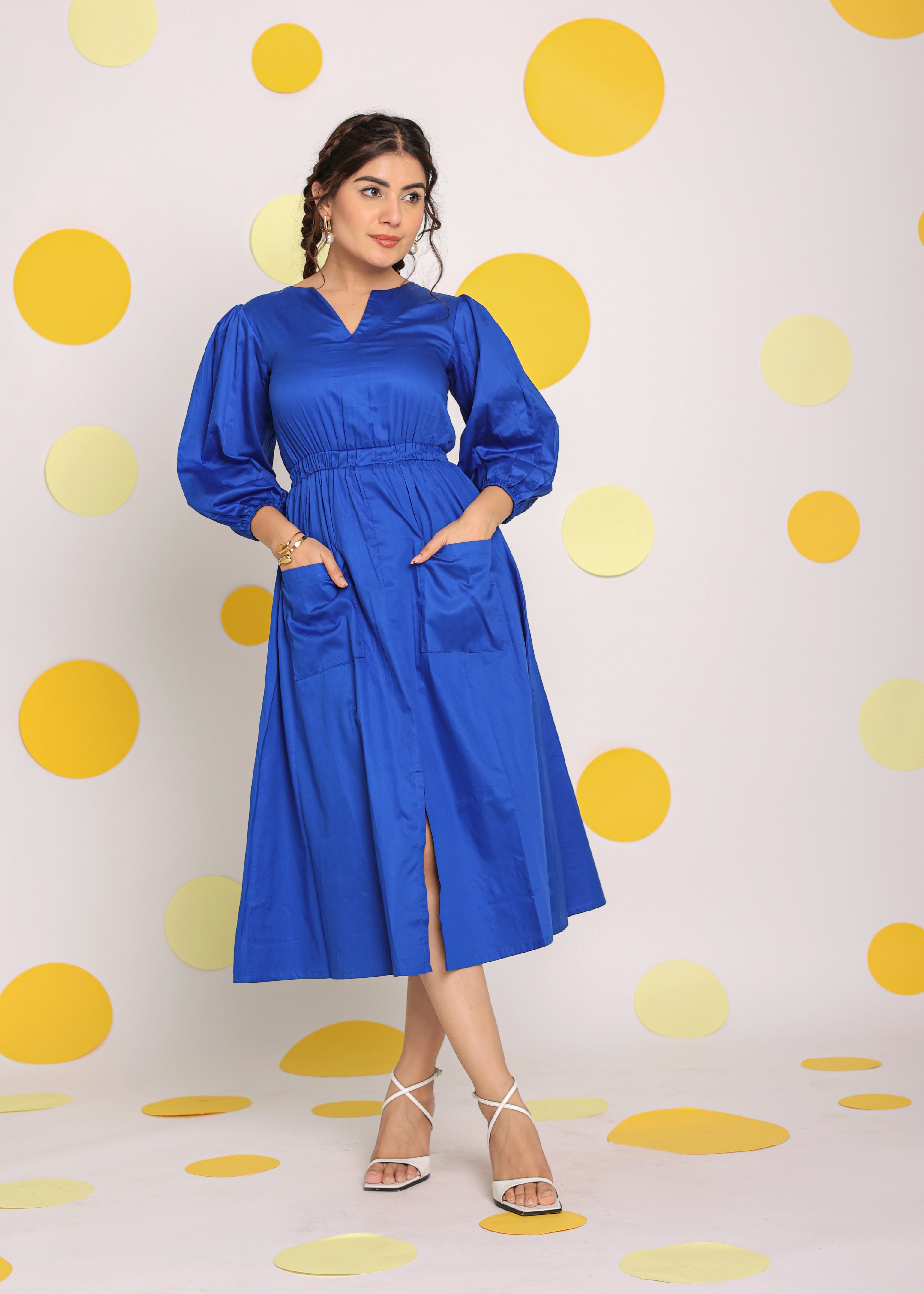 Royal Blue Bust Fitted V-Neck 100% Cotton Everyday Wear Midi Dress - Kaoribyshreya