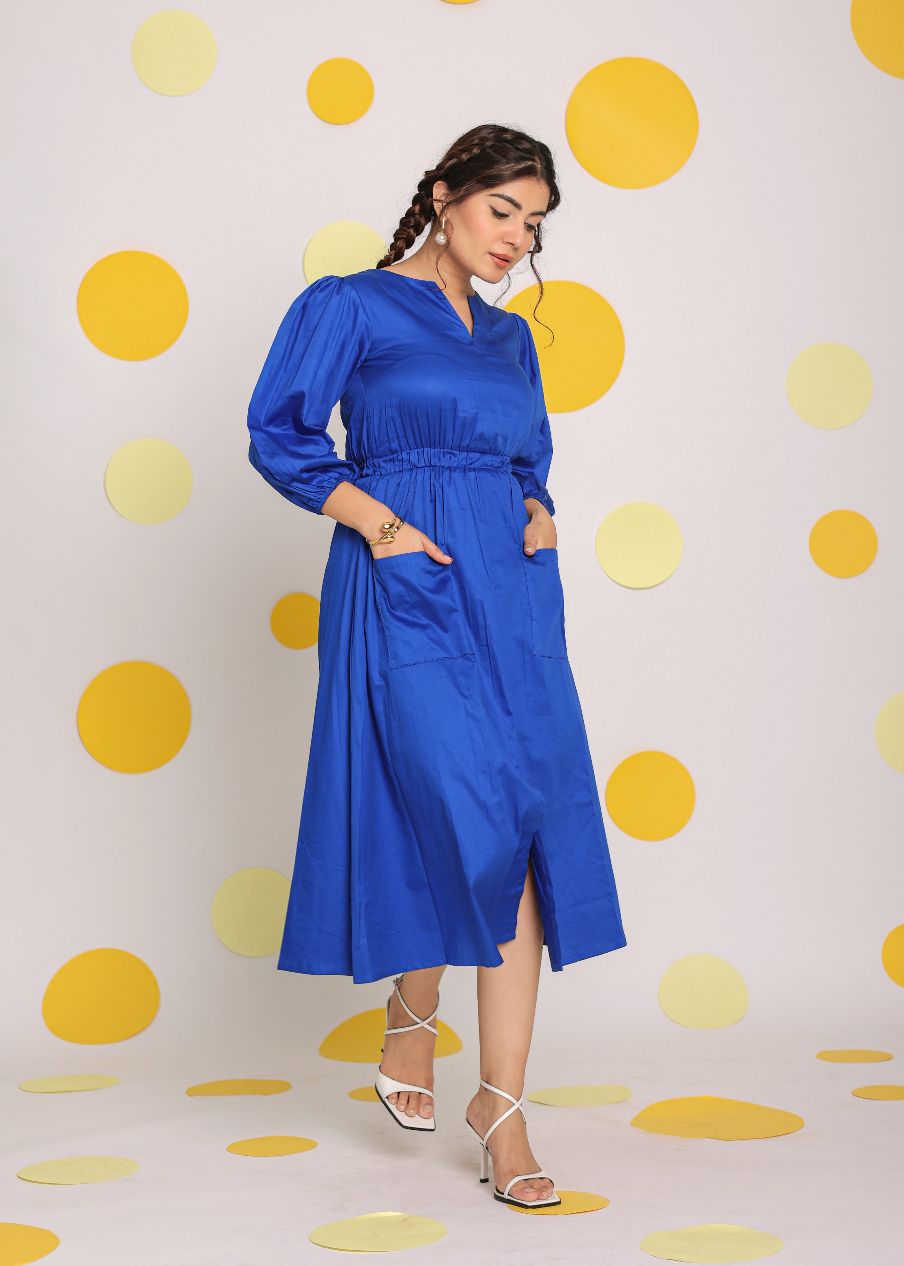 Royal Blue Bust Fitted V-Neck 100% Cotton Everyday Wear Midi Dress - Kaoribyshreya