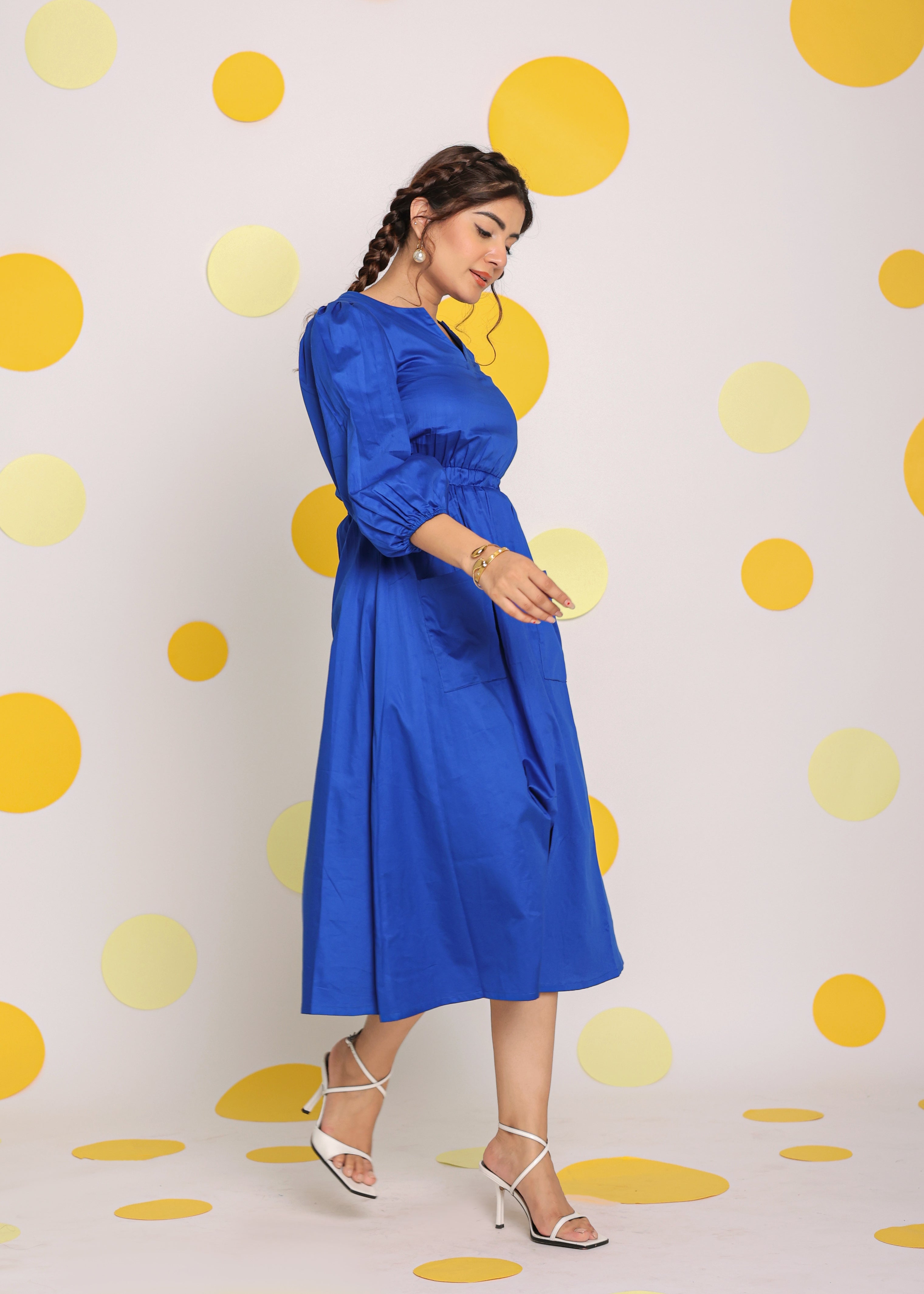 Royal Blue Bust Fitted V-Neck 100% Cotton Everyday Wear Midi Dress - Kaoribyshreya
