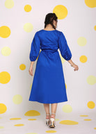 Royal Blue Bust Fitted V-Neck 100% Cotton Everyday Wear Midi Dress - Kaoribyshreya