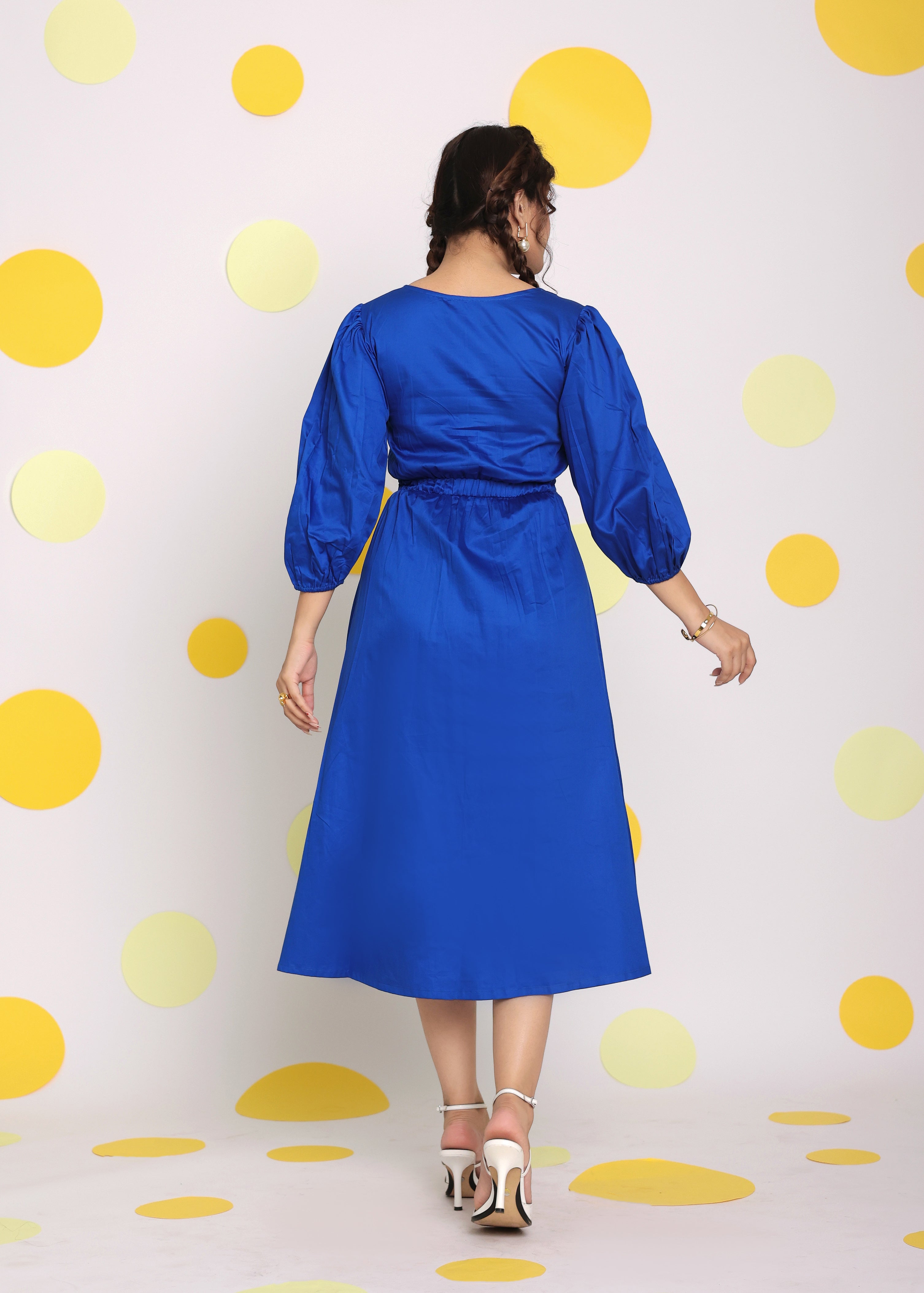 Royal Blue Bust Fitted V-Neck 100% Cotton Everyday Wear Midi Dress - Kaoribyshreya