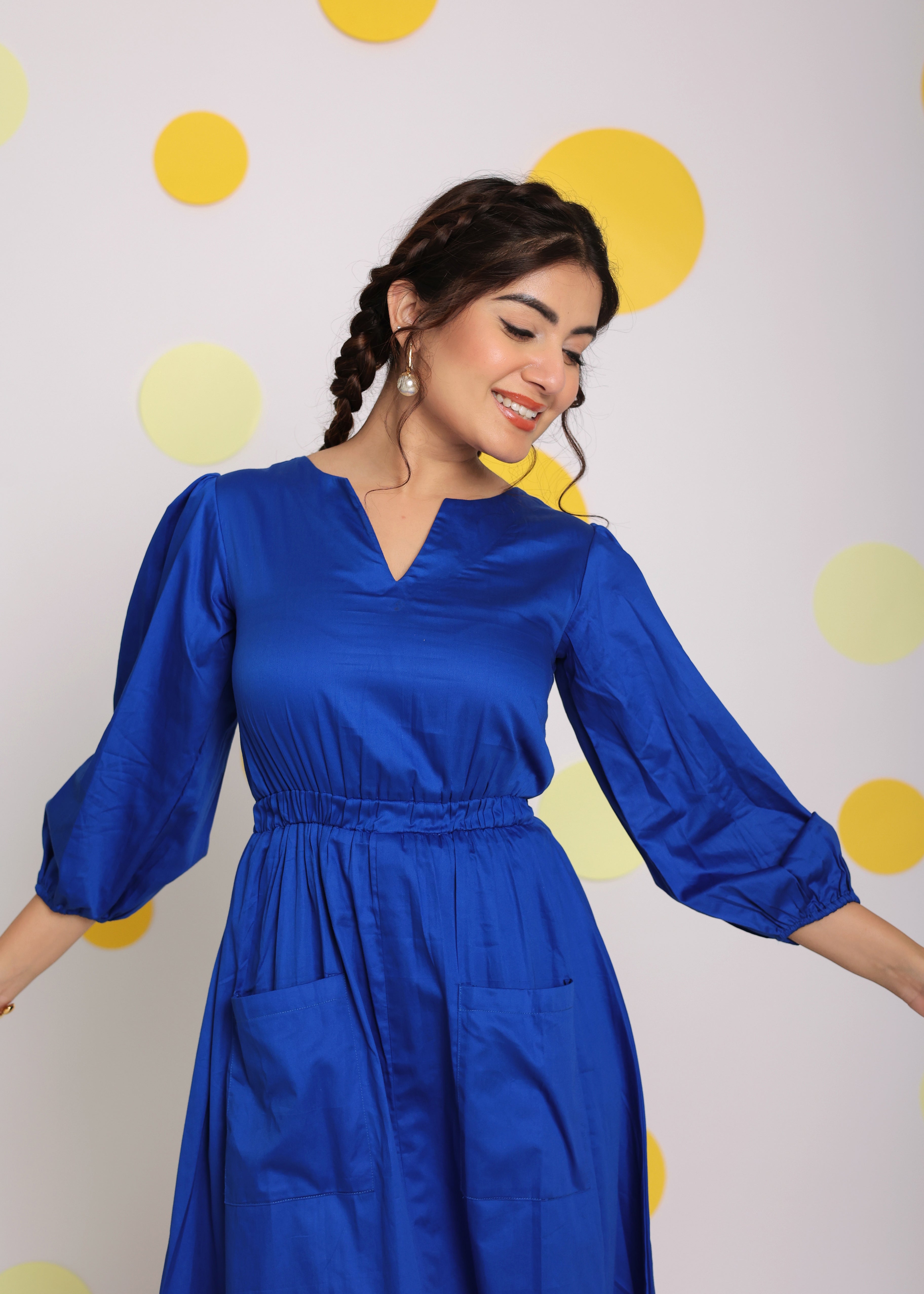 Royal Blue Bust Fitted V-Neck 100% Cotton Everyday Wear Midi Dress - Kaoribyshreya