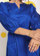Royal Blue Bust Fitted V-Neck 100% Cotton Everyday Wear Midi Dress - Kaoribyshreya