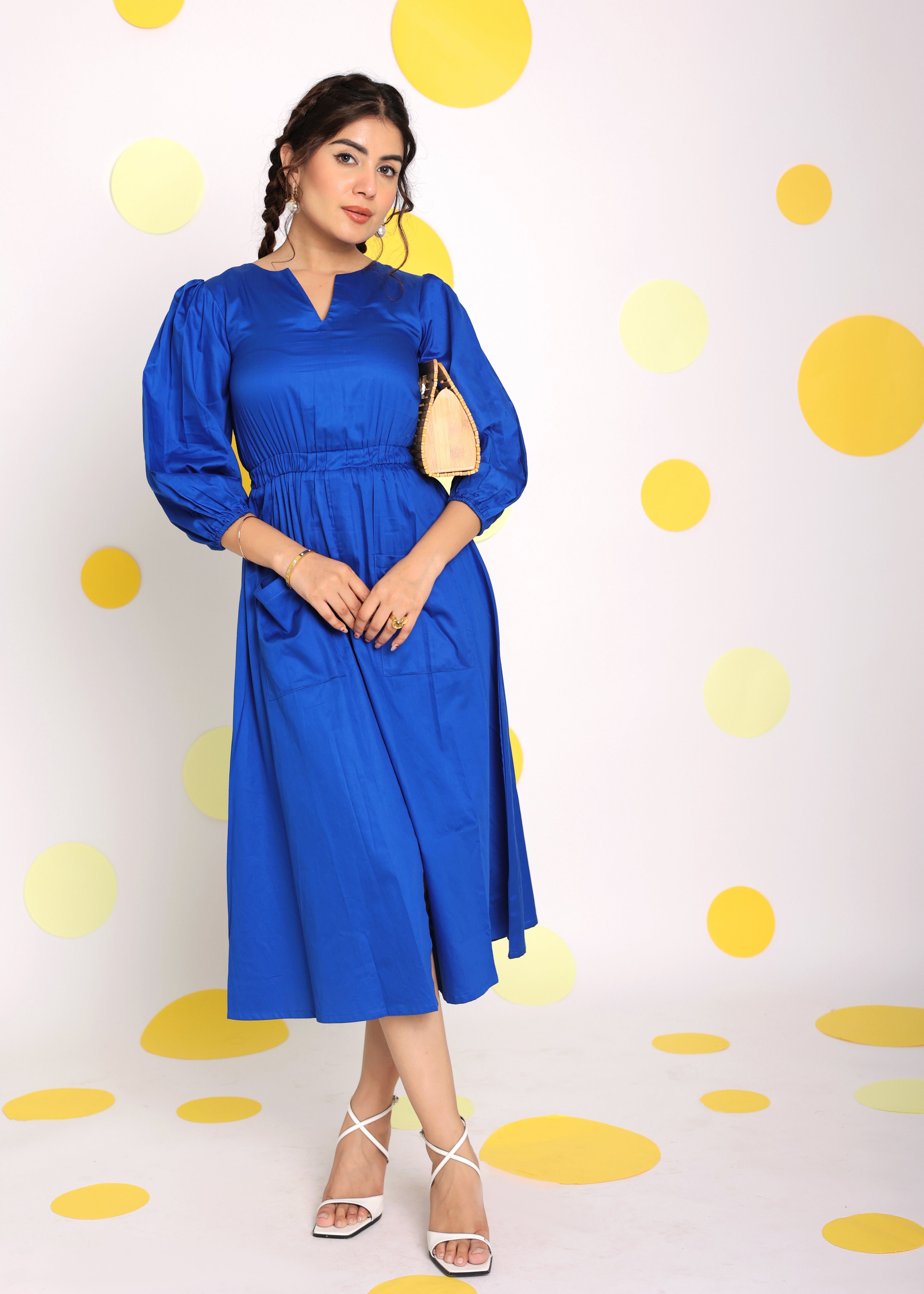 Royal Blue Bust Fitted V-Neck 100% Cotton Everyday Wear Midi Dress - Kaoribyshreya
