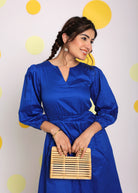 Royal Blue Bust Fitted V-Neck 100% Cotton Everyday Wear Midi Dress - Kaoribyshreya