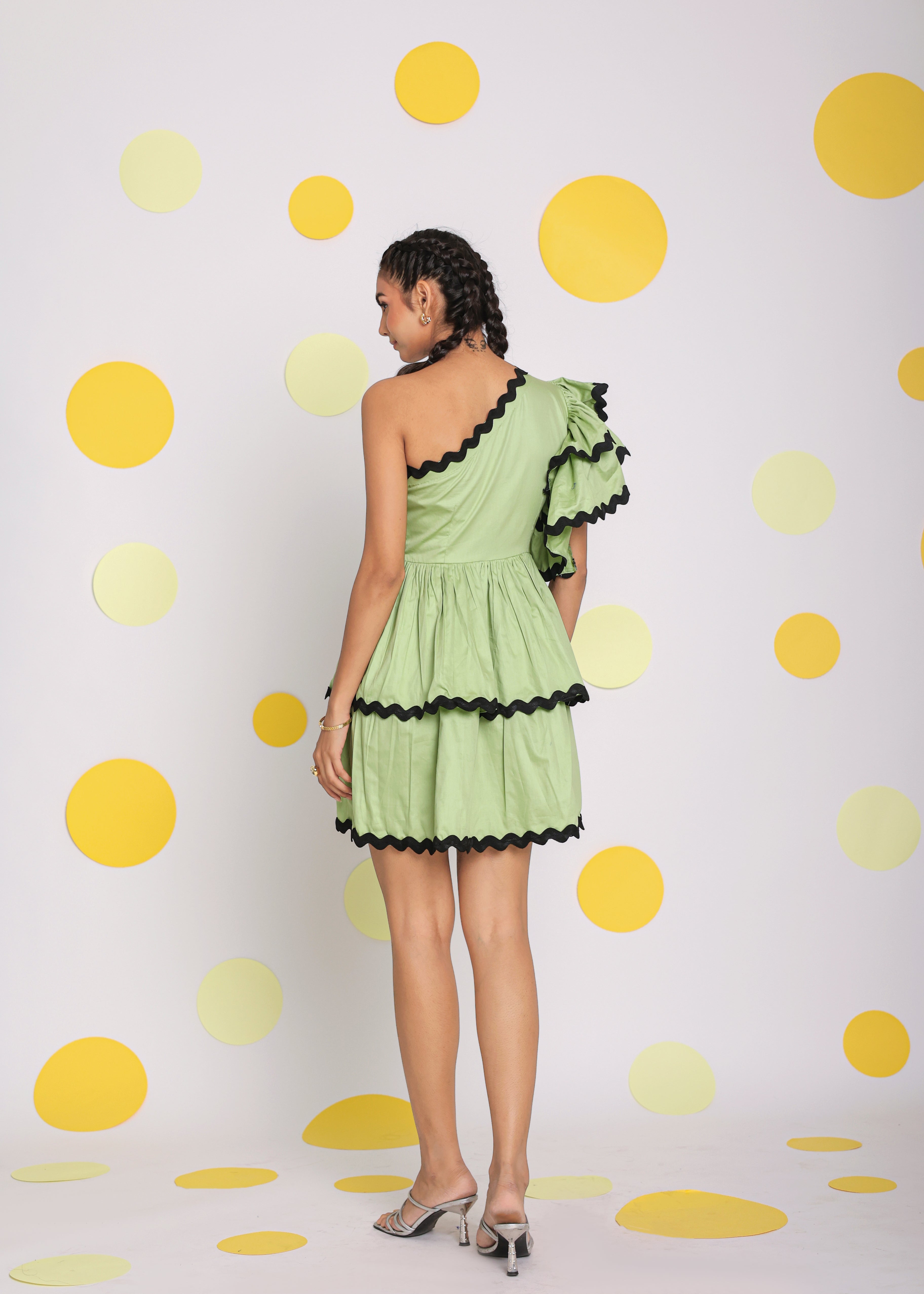 Pistachio Green One Shoulder Frilled Bust Fitted Skatter Mini Dress - Kaoribyshreya