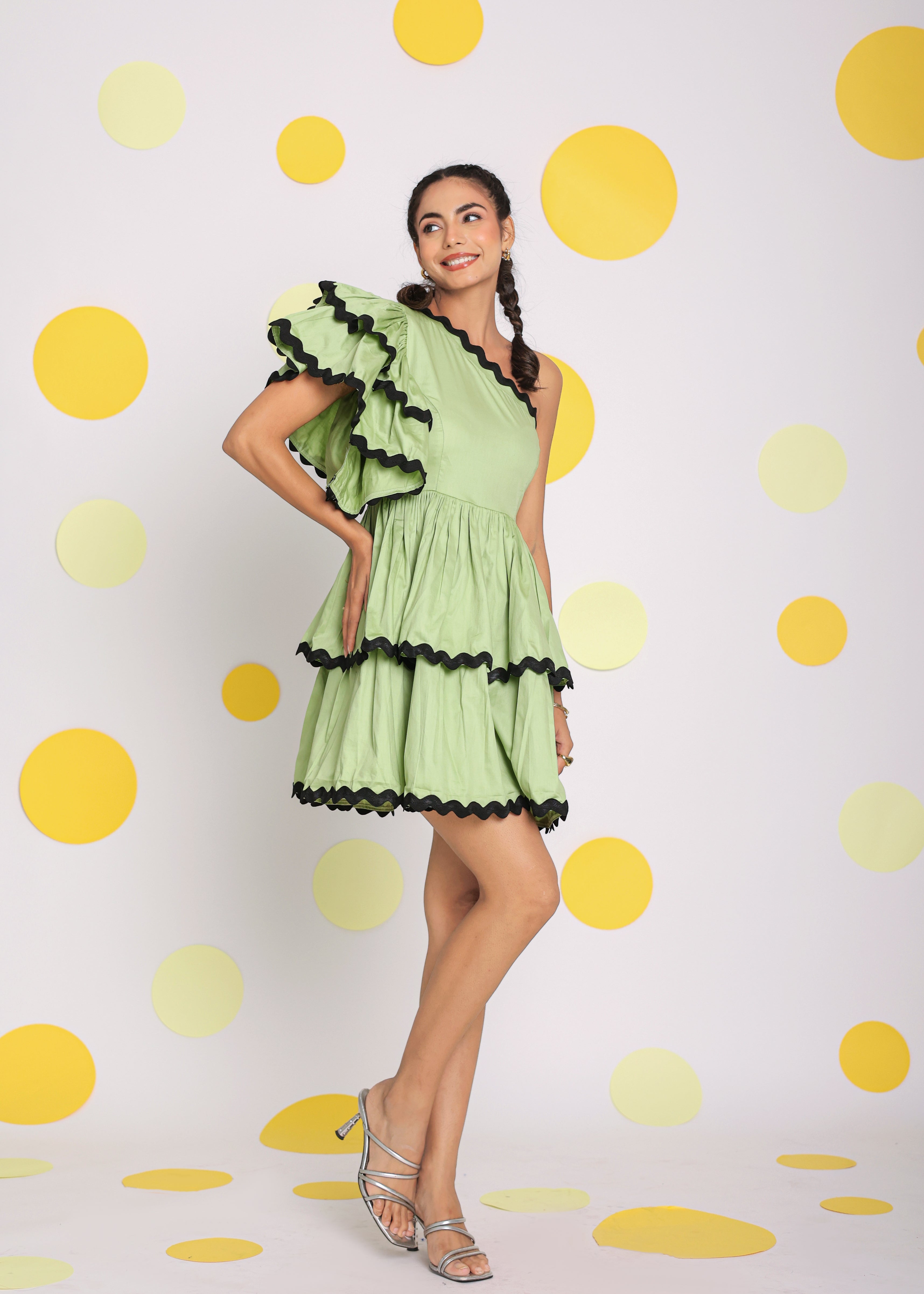 Pistachio Green One Shoulder Frilled Bust Fitted Skatter Mini Dress - Kaoribyshreya