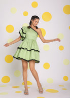 Pistachio Green One Shoulder Frilled Bust Fitted Skatter Mini Dress - Kaoribyshreya