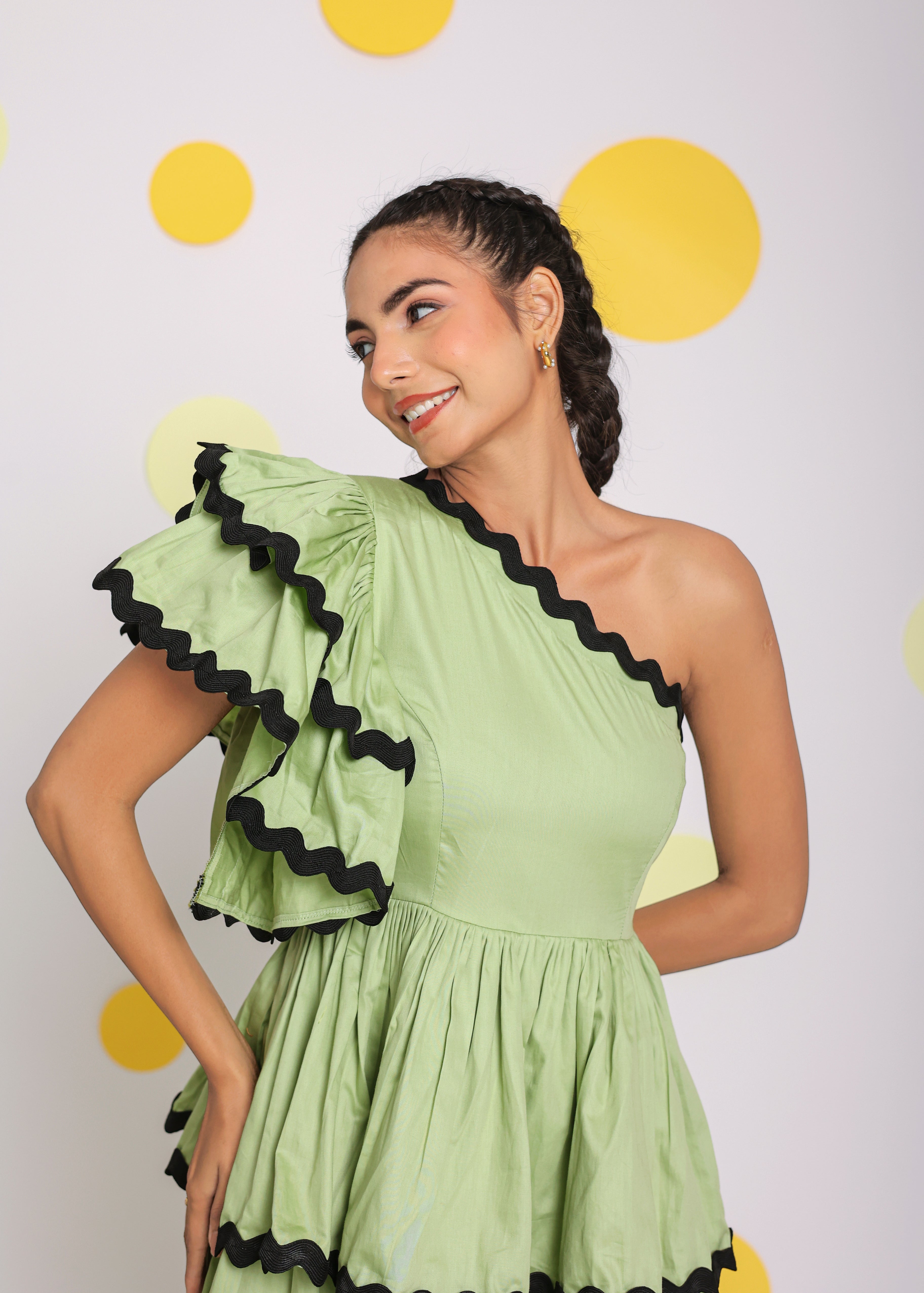 Pistachio Green One Shoulder Frilled Bust Fitted Skatter Mini Dress - Kaoribyshreya