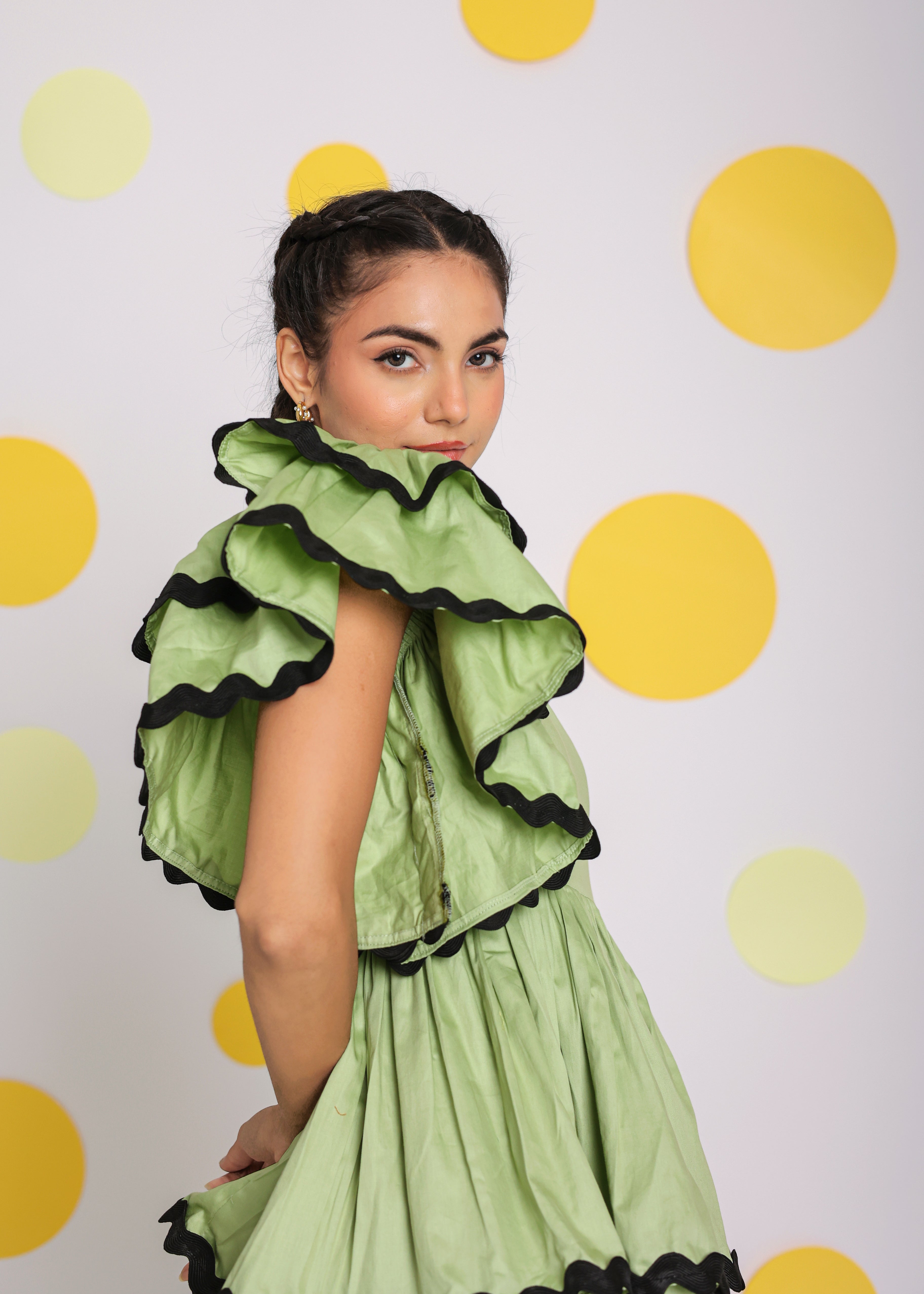 Pistachio Green One Shoulder Frilled Bust Fitted Skatter Mini Dress - Kaoribyshreya