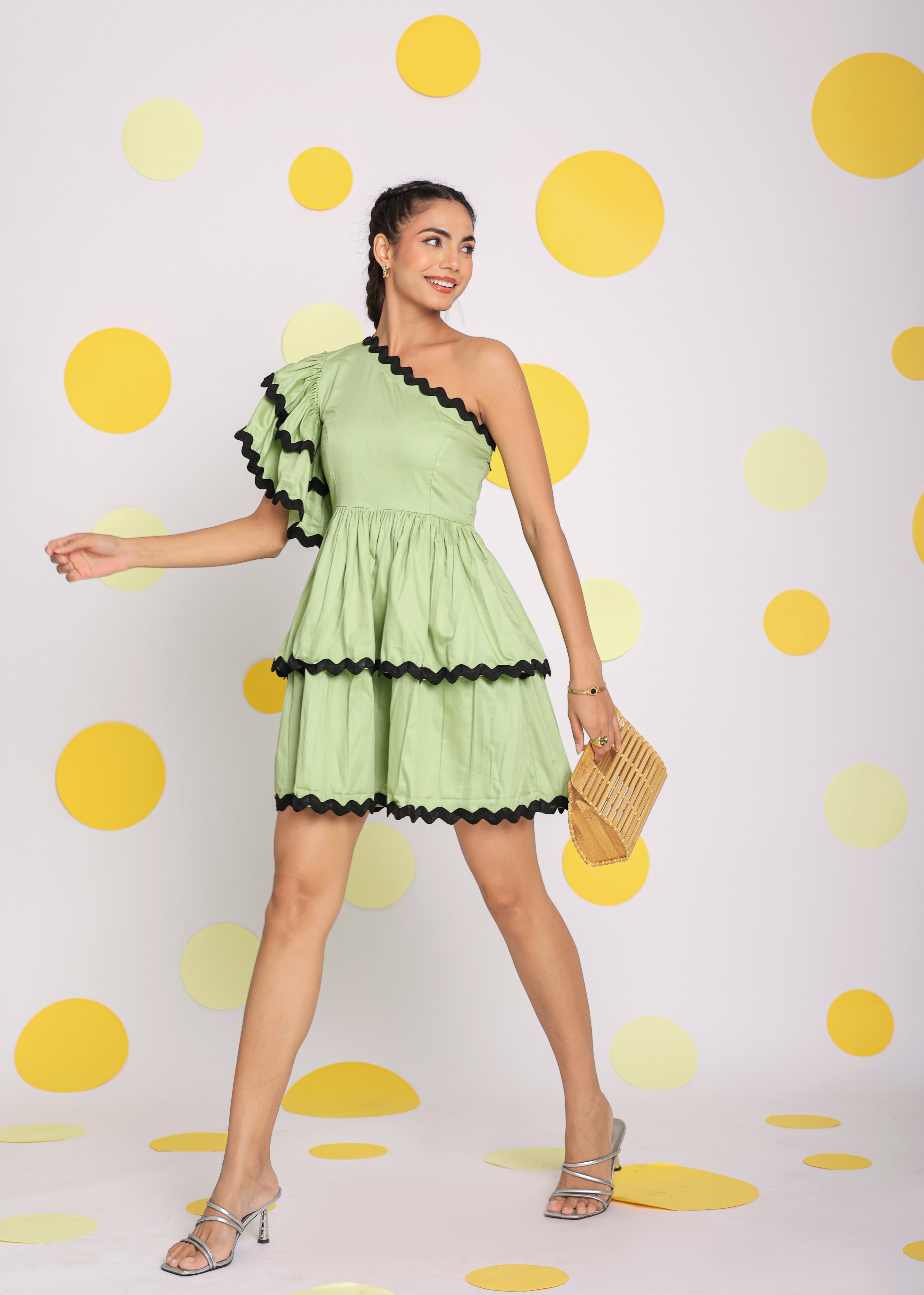Pistachio Green One Shoulder Frilled Bust Fitted Skatter Mini Dress - Kaoribyshreya