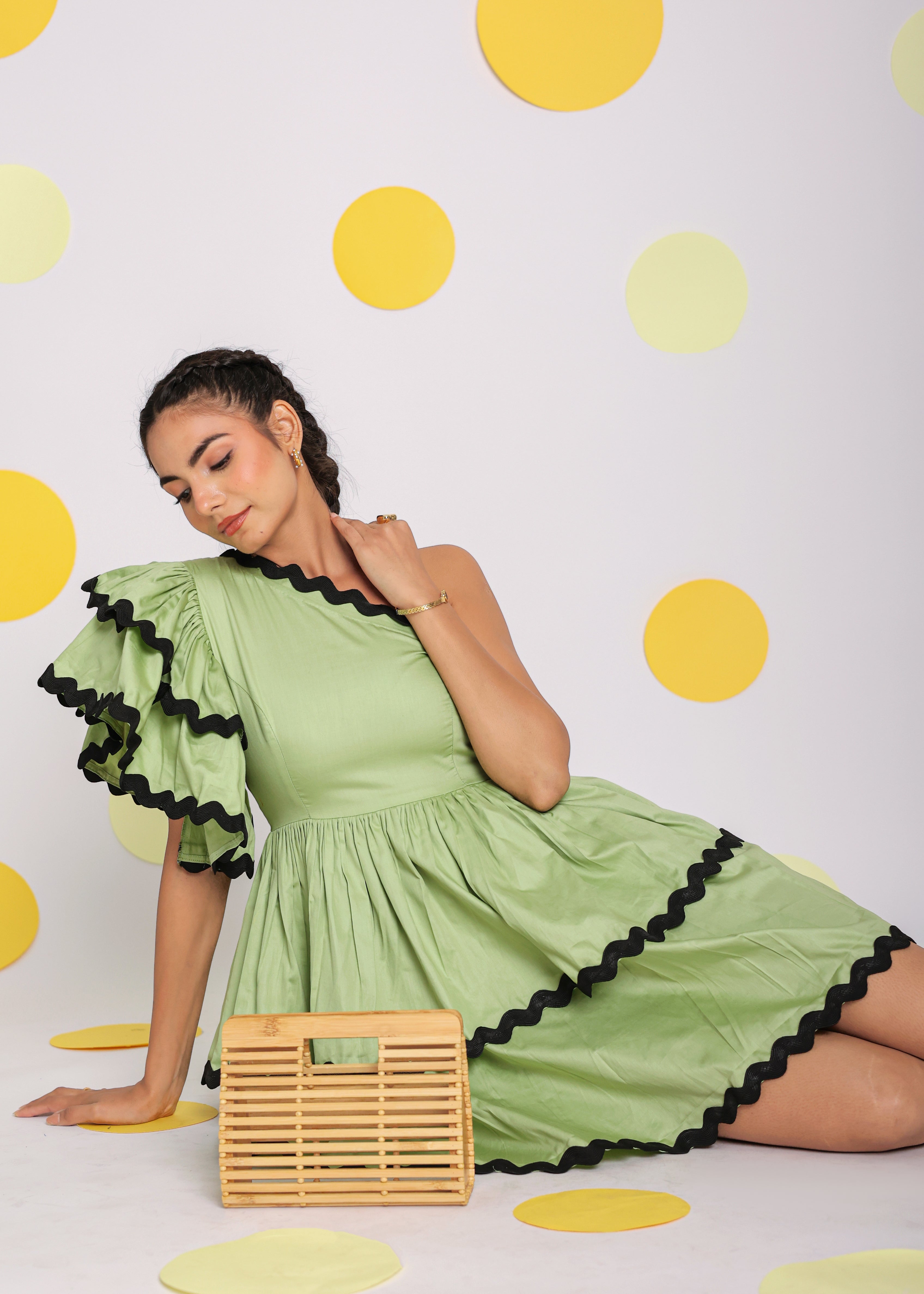 Pistachio Green One Shoulder Frilled Bust Fitted Skatter Mini Dress - Kaoribyshreya