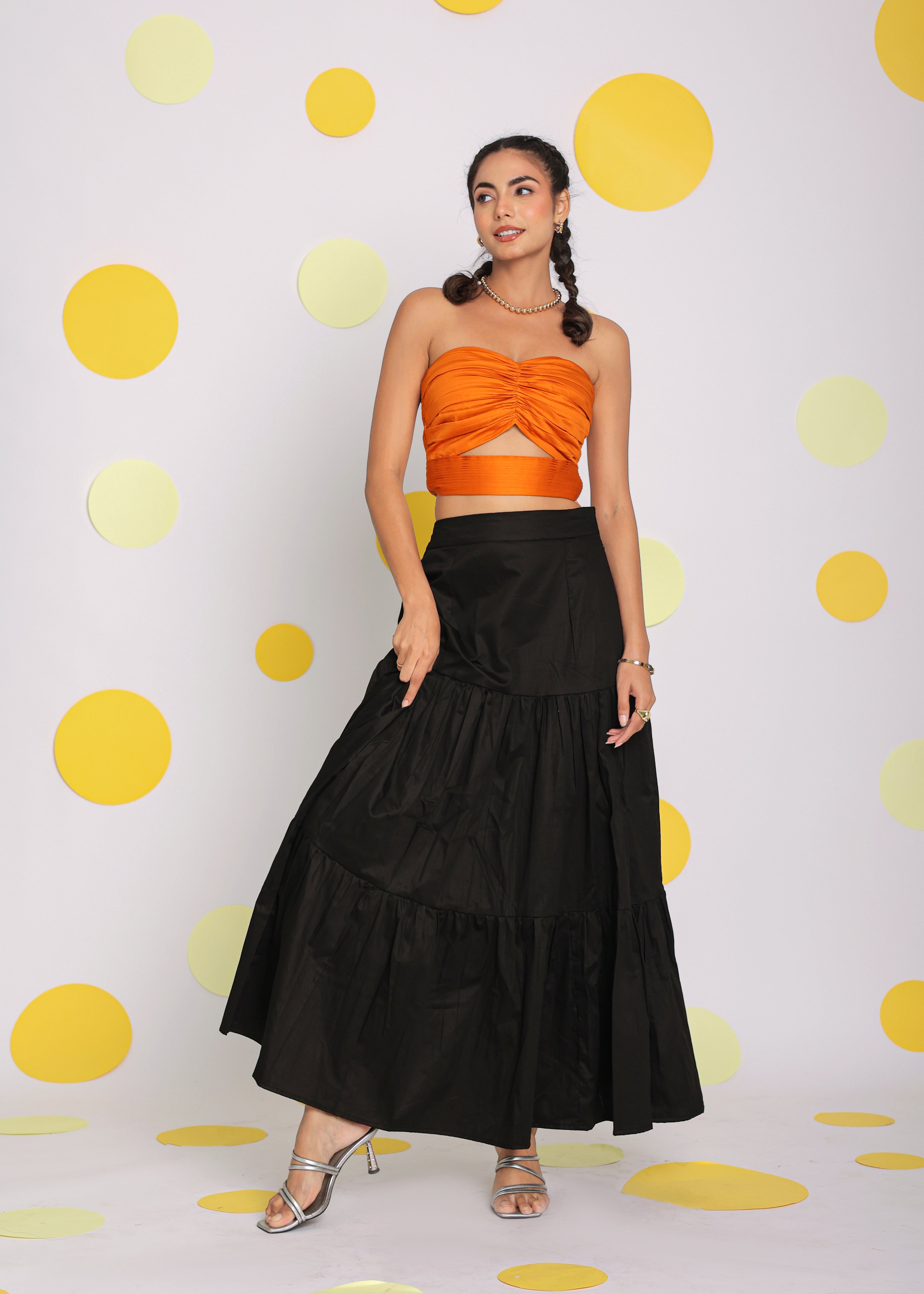 Orange and Black Solid Tube Bralette and Maxi Skirt 100% Cotton  Resort wear Co-ord Set - Kaoribyshreya