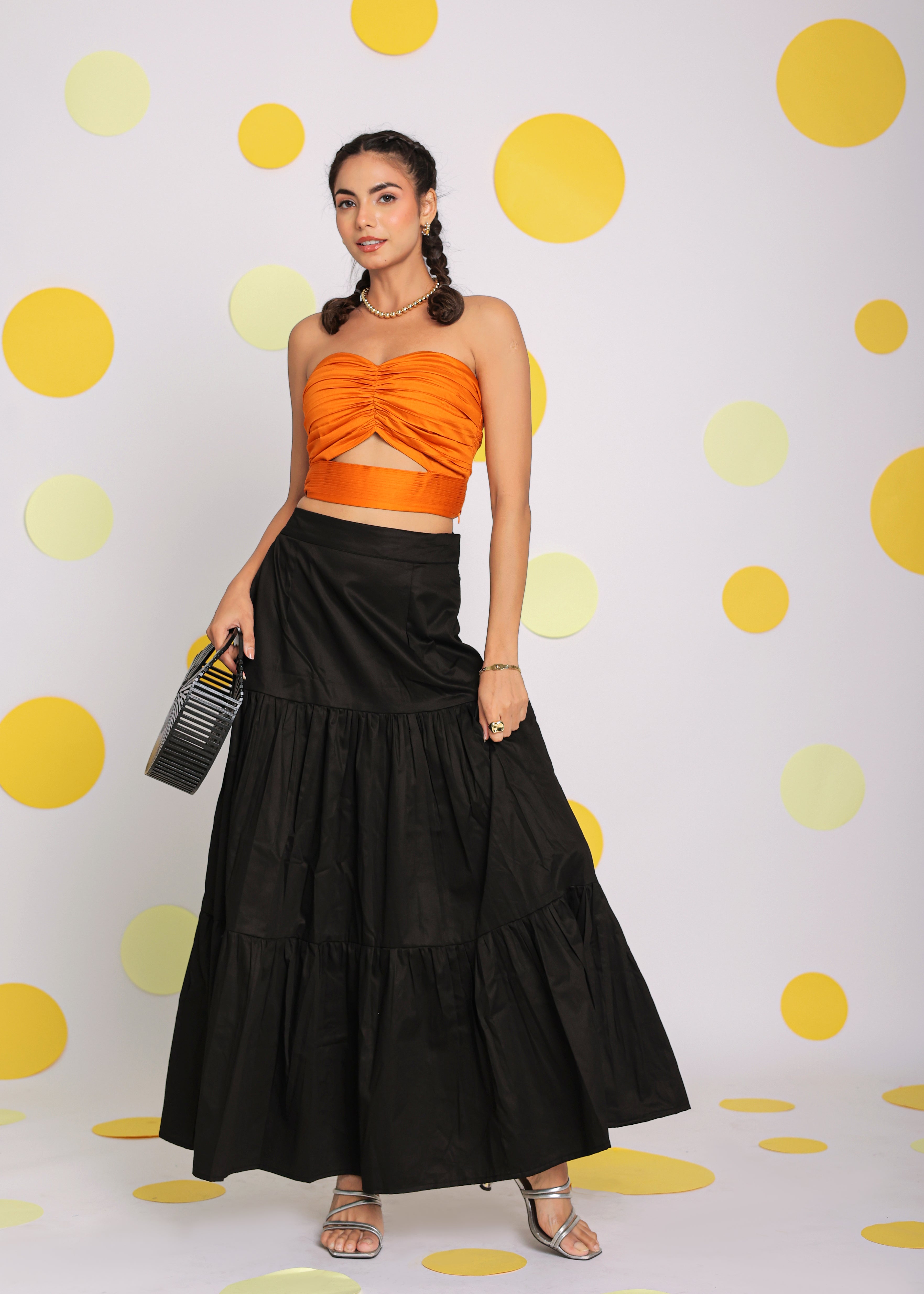 Orange and Black Solid Tube Bralette and Maxi Skirt 100% Cotton  Resort wear Co-ord Set - Kaoribyshreya