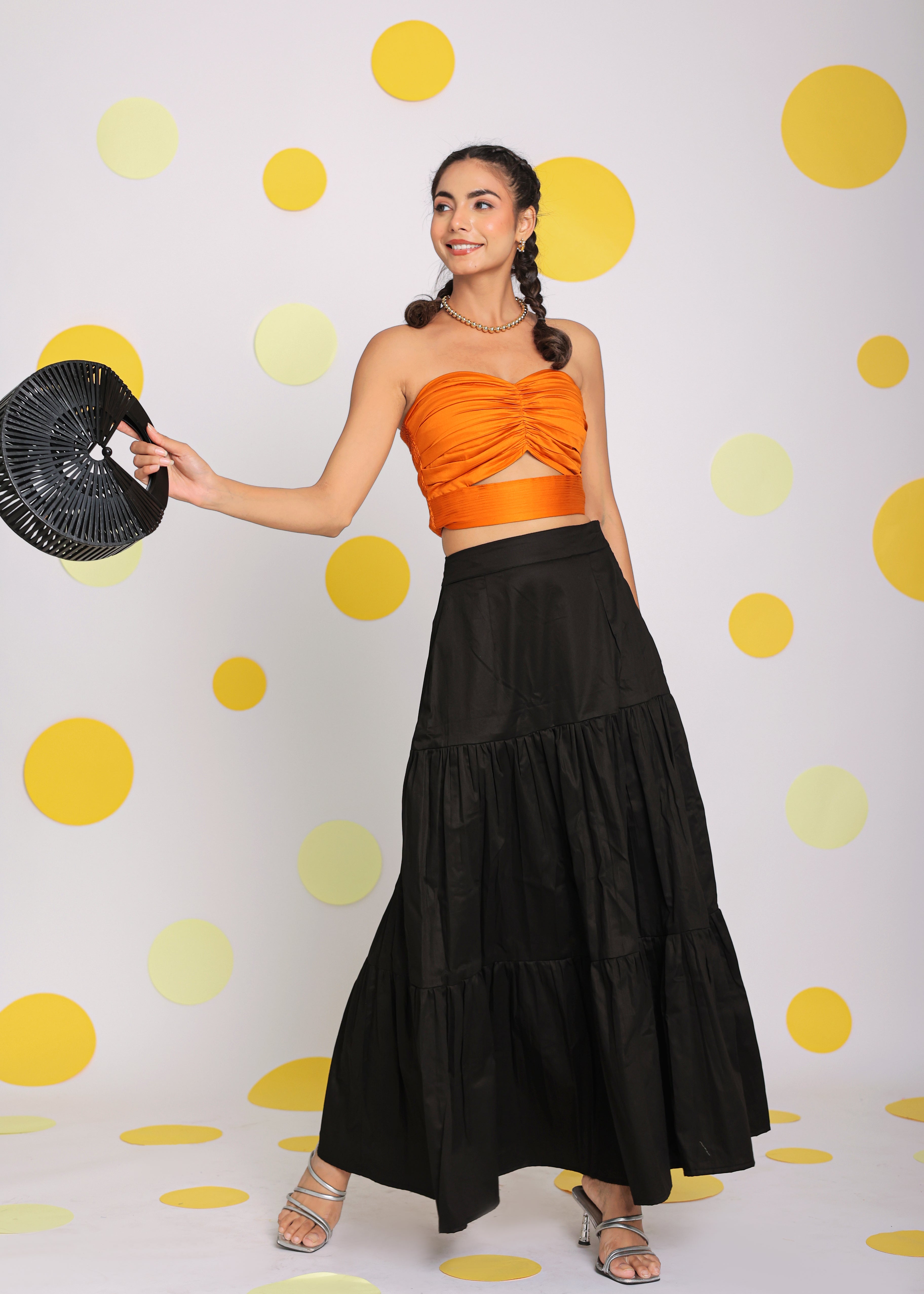 Orange and Black Solid Tube Bralette and Maxi Skirt 100% Cotton  Resort wear Co-ord Set - Kaoribyshreya
