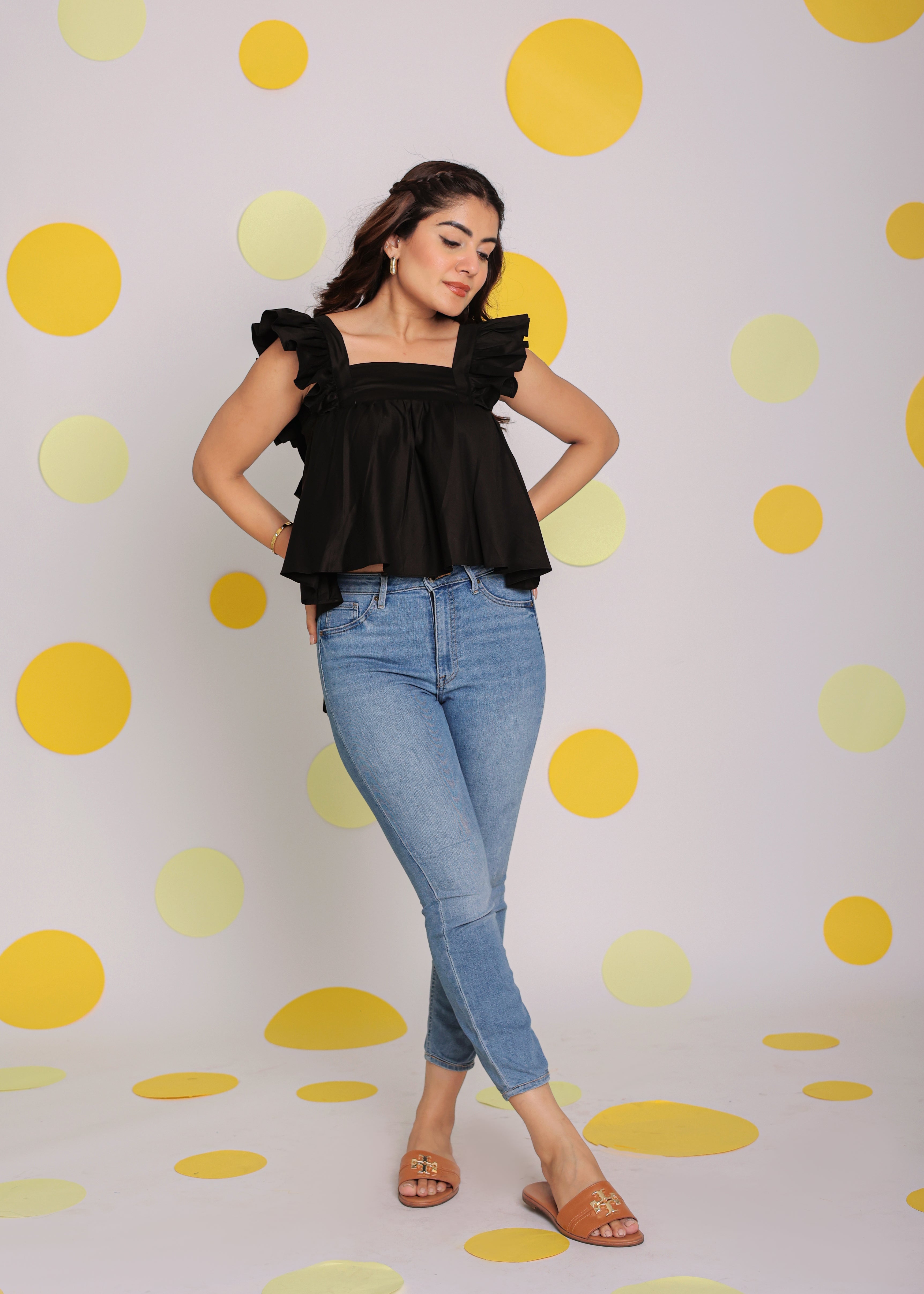 Black Solid Bust Fitted with Back Tie Up 100% Cotton Top - Kaoribyshreya