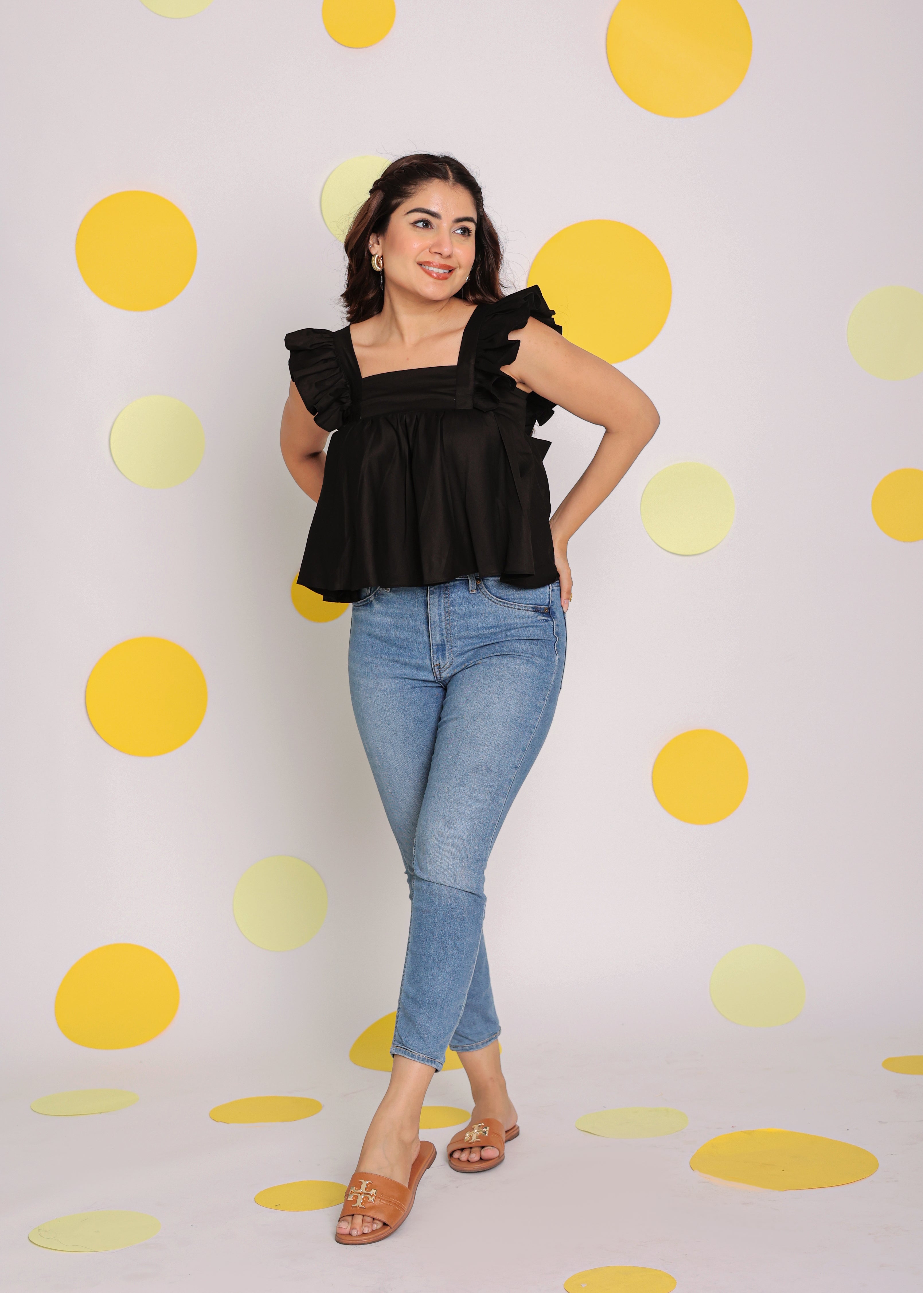 Black Solid Bust Fitted with Back Tie Up 100% Cotton Top - Kaoribyshreya