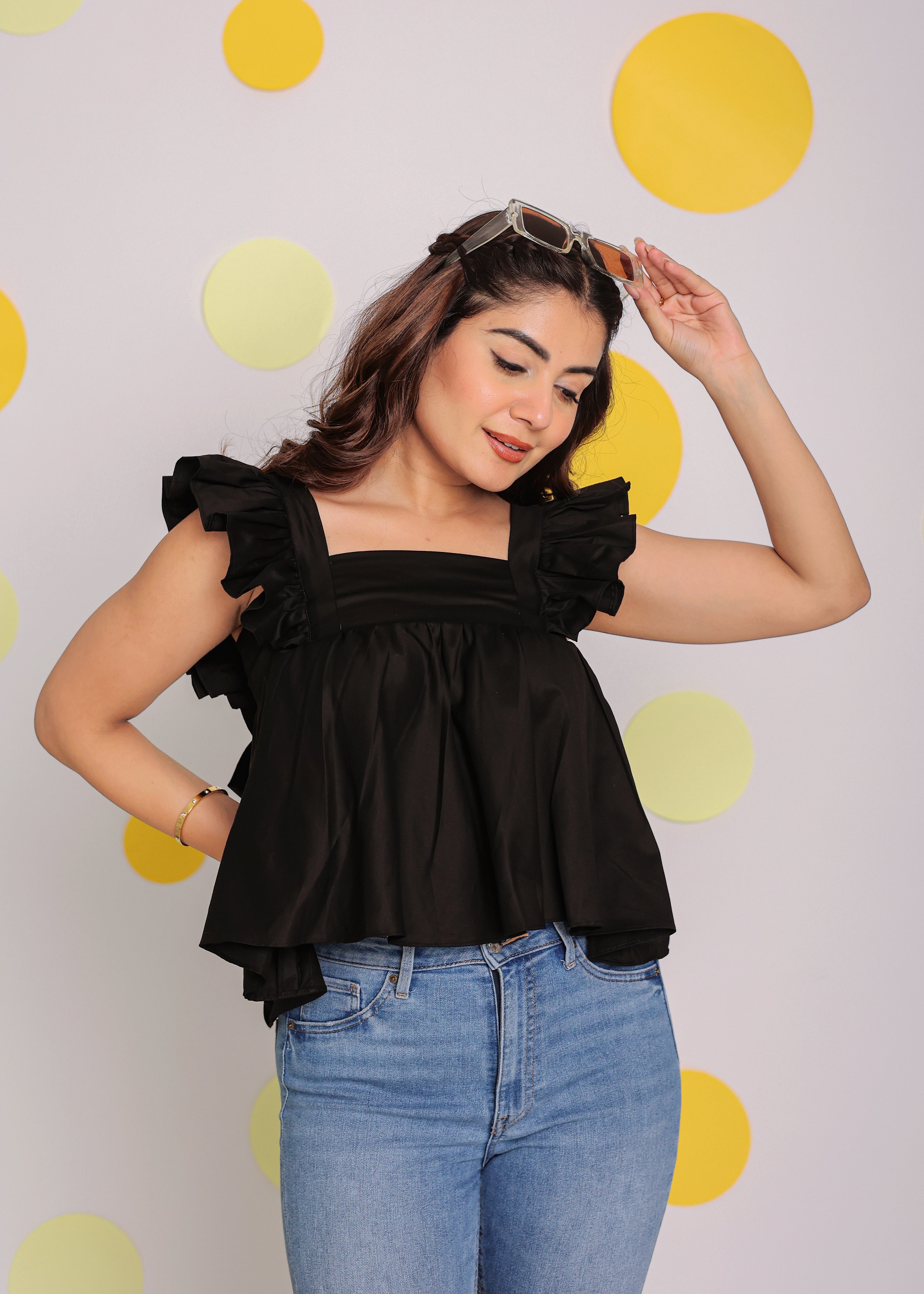 Black Solid Bust Fitted with Back Tie Up 100% Cotton Top - Kaoribyshreya