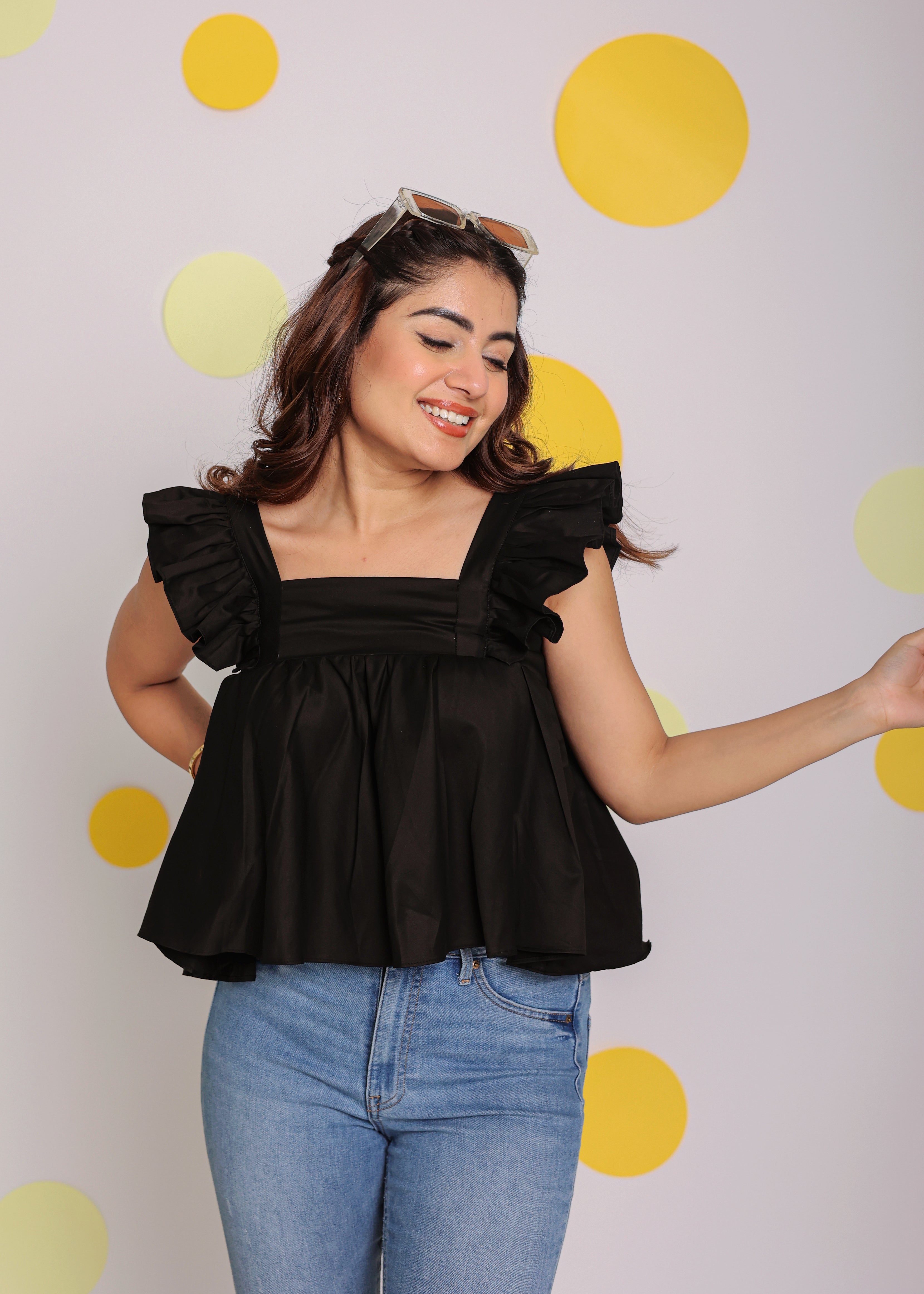 Black Solid Bust Fitted with Back Tie Up 100% Cotton Top - Kaoribyshreya
