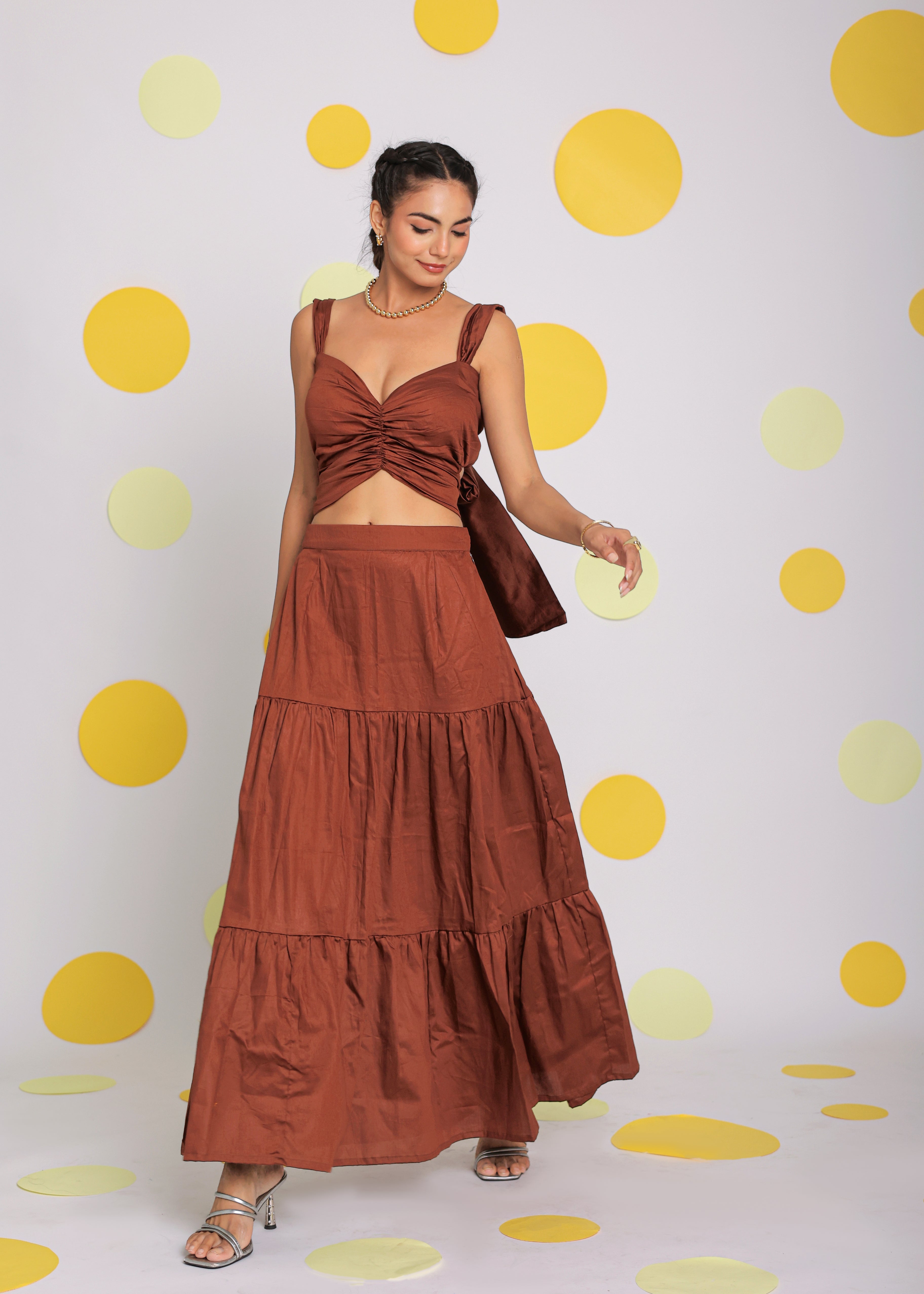 Coffee Brown Sweetheart Neckline Crop Top with Back Tie up and Long Skirt 100% Cotton Resortwear Co-ord Set - Kaoribyshreya