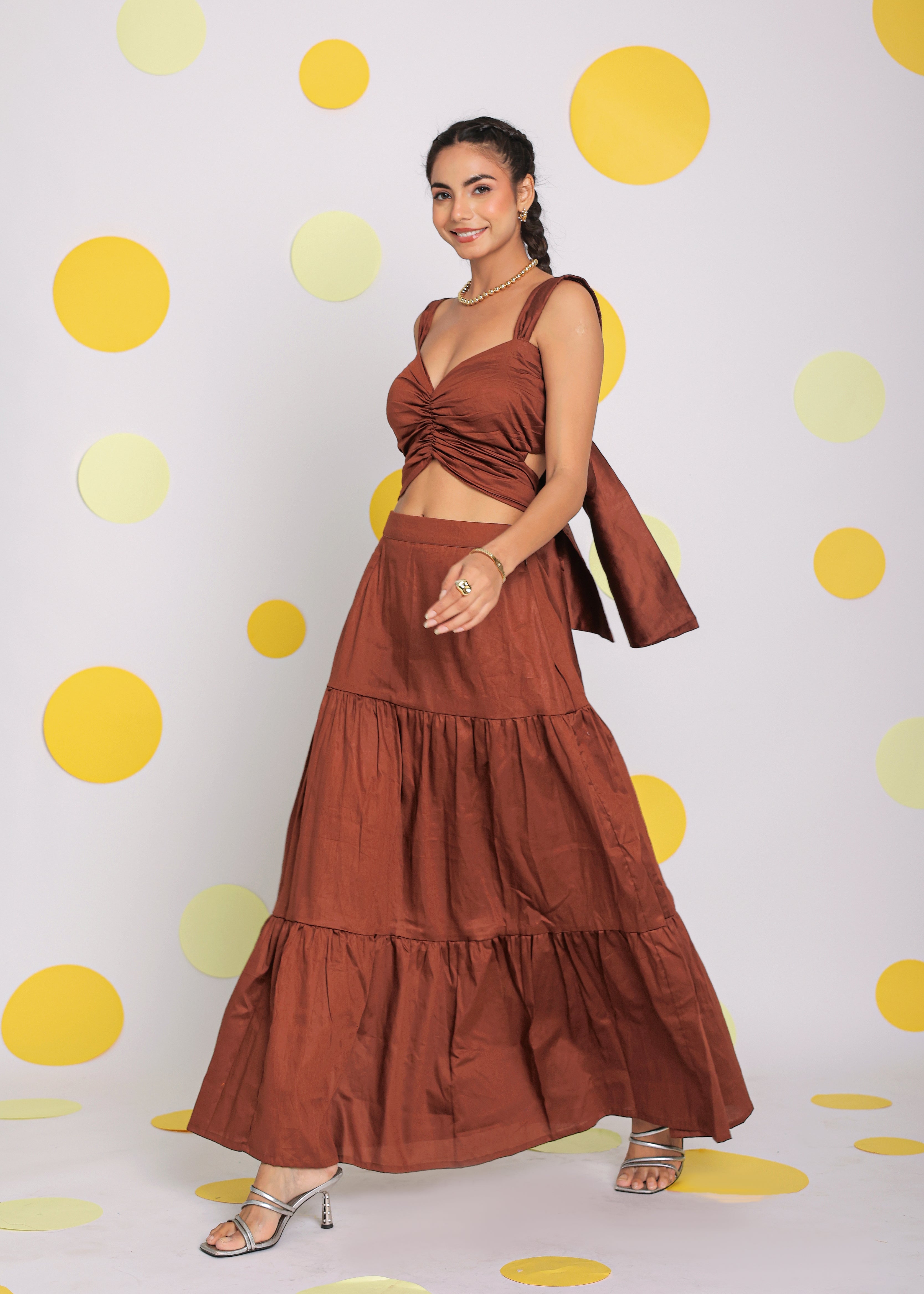 Coffee Brown Sweetheart Neckline Crop Top with Back Tie up and Long Skirt 100% Cotton Resortwear Co-ord Set - Kaoribyshreya
