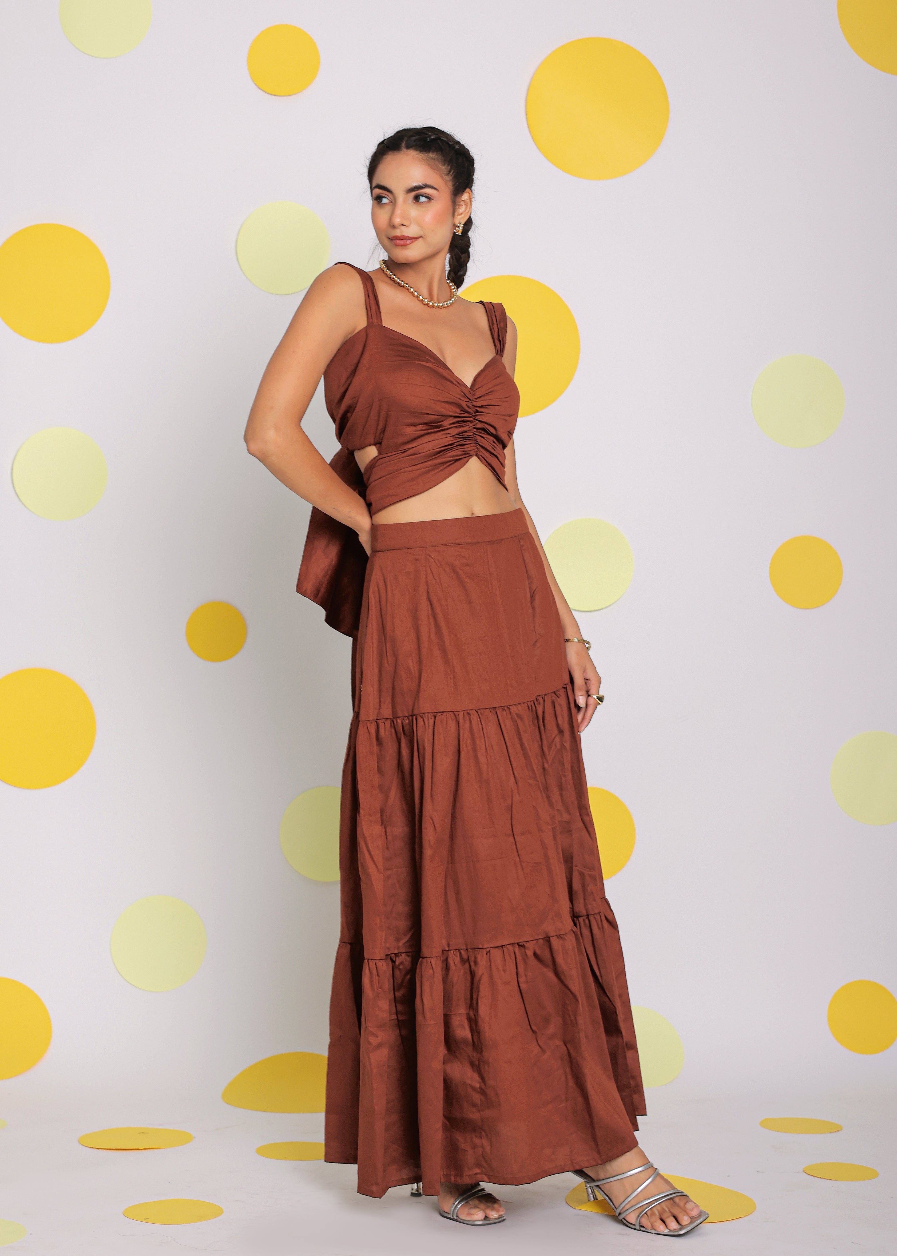 Coffee Brown Sweetheart Neckline Crop Top with Back Tie up and Long Skirt 100% Cotton Resortwear Co-ord Set - Kaoribyshreya