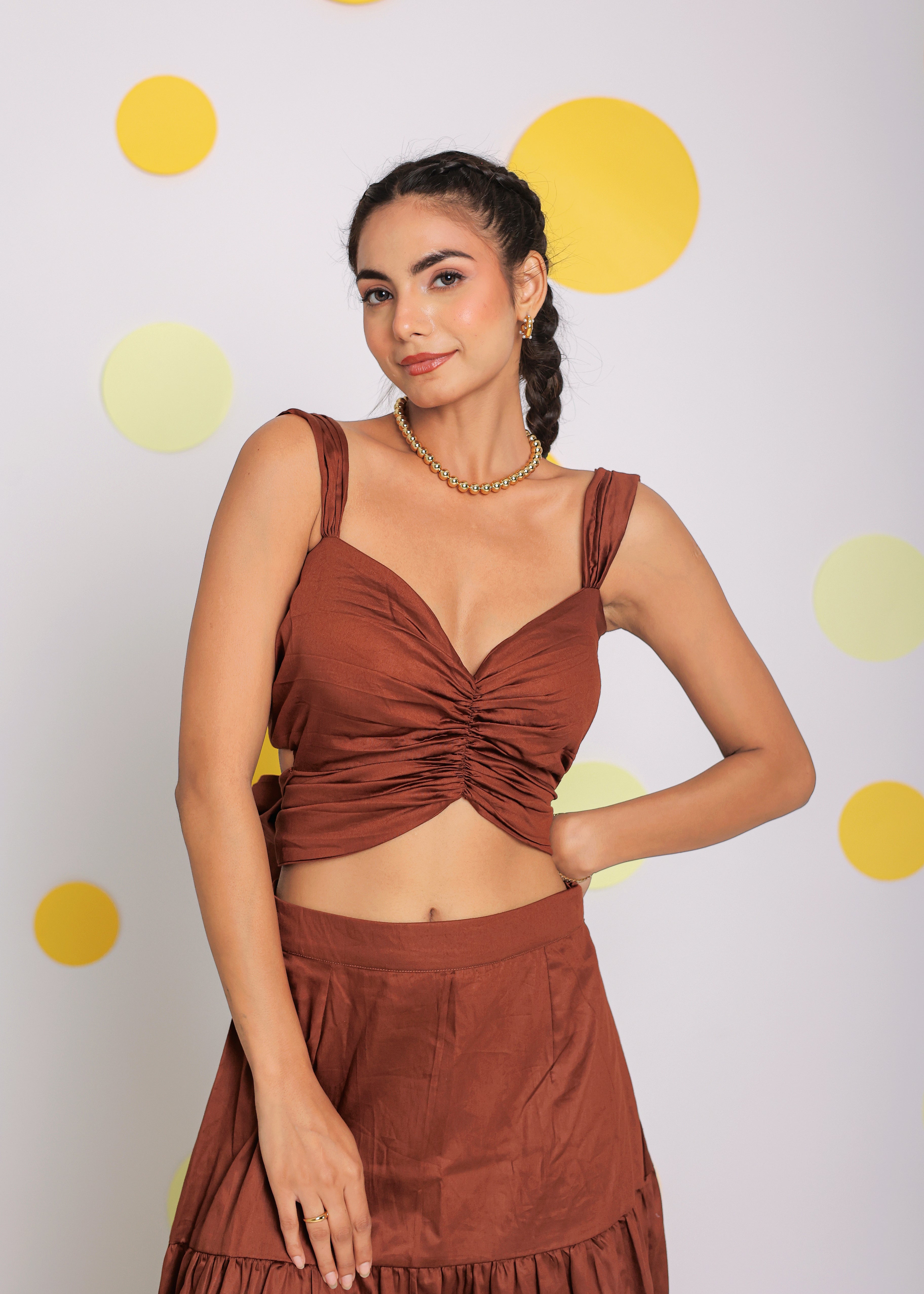 Coffee Brown Sweetheart Neckline Crop Top with Back Tie up and Long Skirt 100% Cotton Resortwear Co-ord Set - Kaoribyshreya