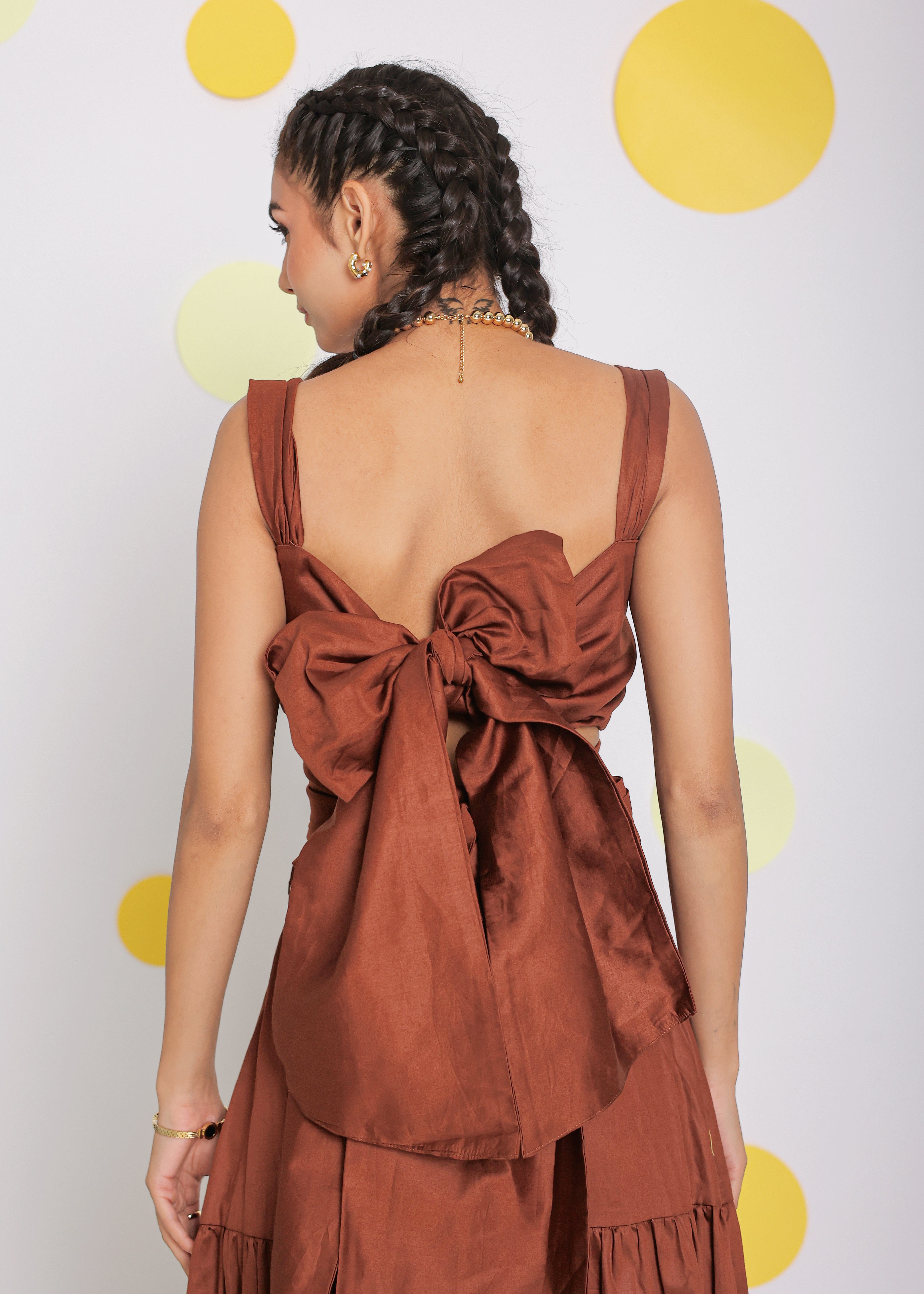 Coffee Brown Sweetheart Neckline Crop Top with Back Tie up and Long Skirt 100% Cotton Resortwear Co-ord Set - Kaoribyshreya