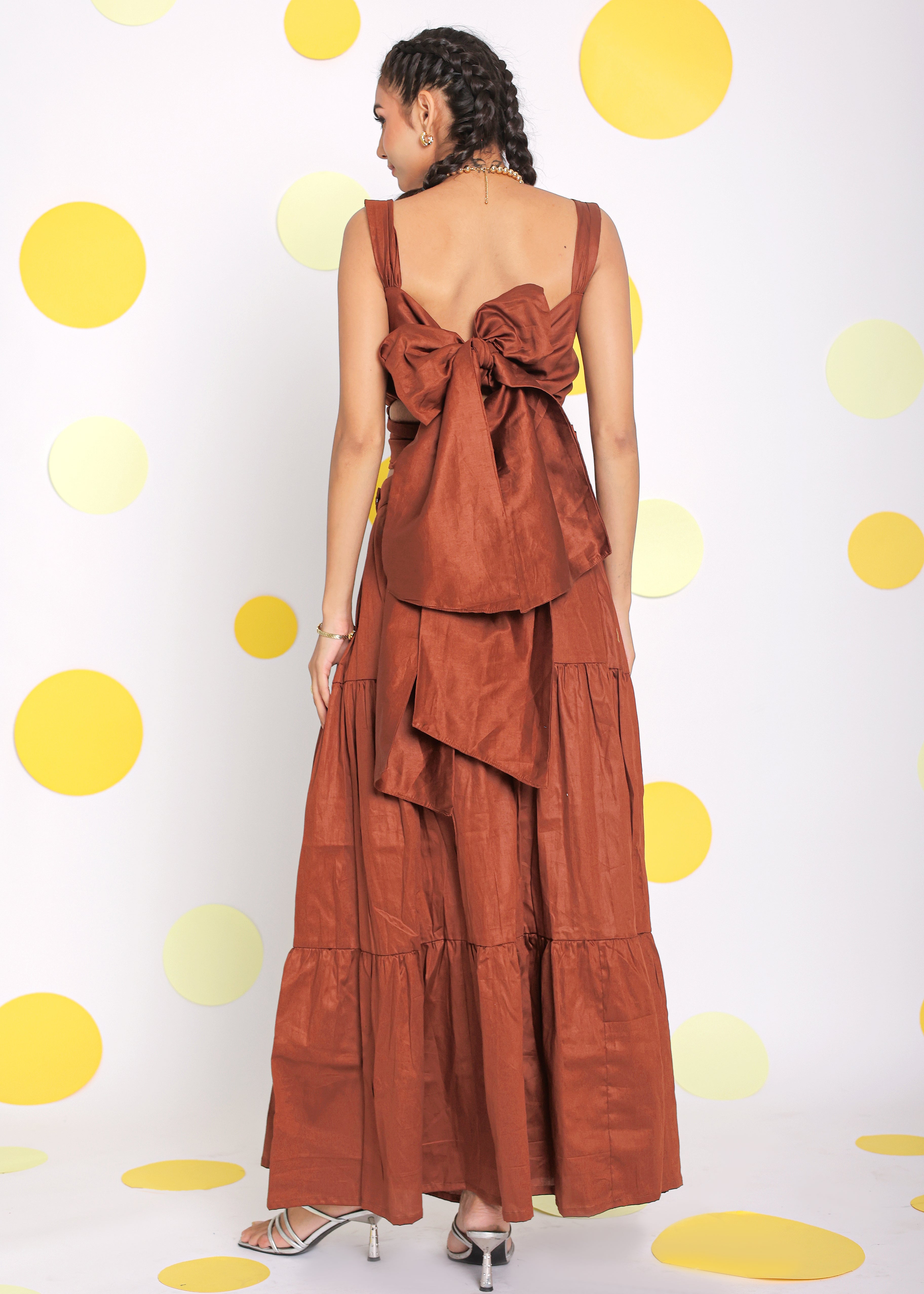 Coffee Brown Sweetheart Neckline Crop Top with Back Tie up and Long Skirt 100% Cotton Resortwear Co-ord Set - Kaoribyshreya