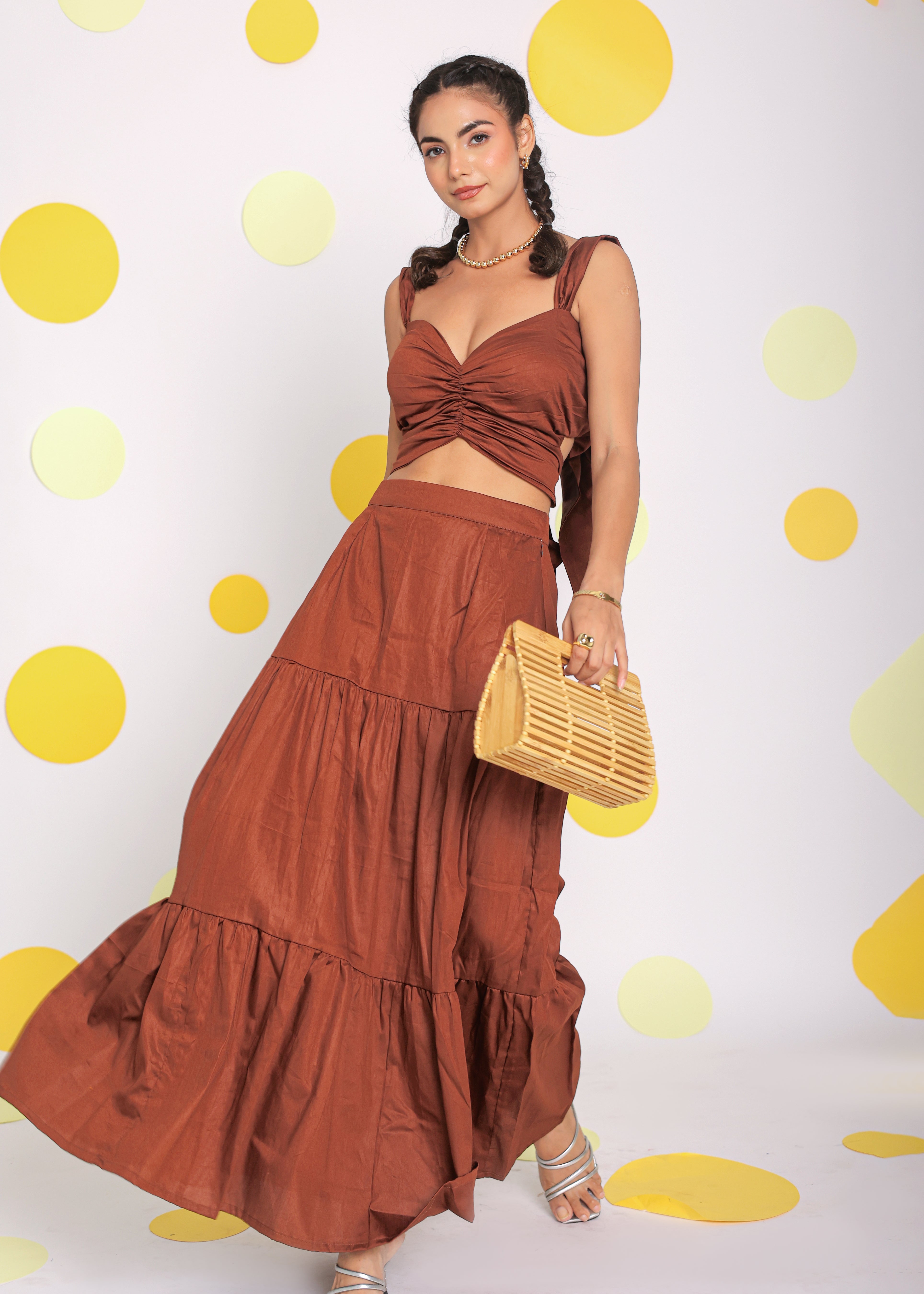 Coffee Brown Sweetheart Neckline Crop Top with Back Tie up and Long Skirt 100% Cotton Resortwear Co-ord Set - Kaoribyshreya