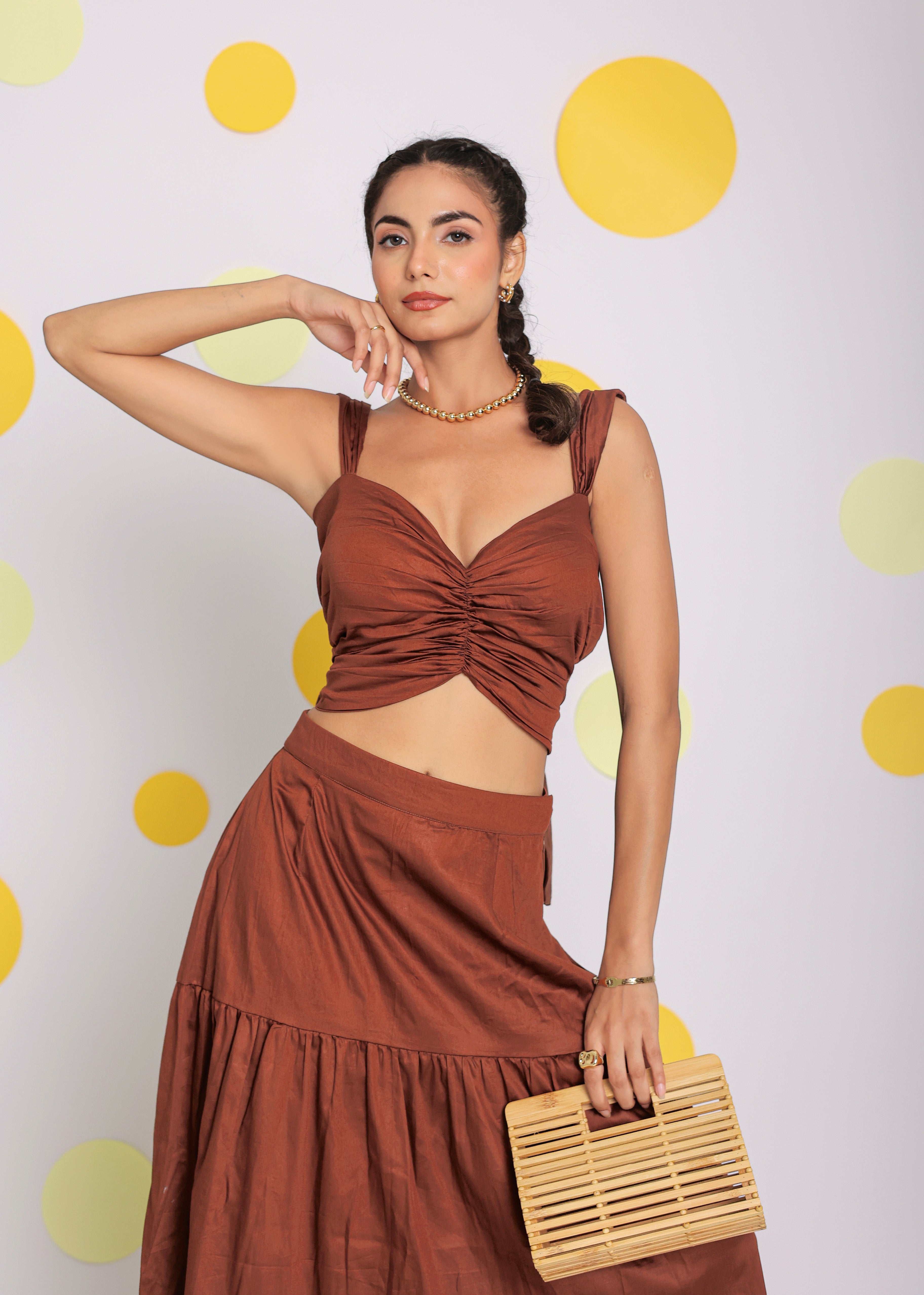 Coffee Brown Sweetheart Neckline Crop Top with Back Tie up and Long Skirt 100% Cotton Resortwear Co-ord Set - Kaoribyshreya