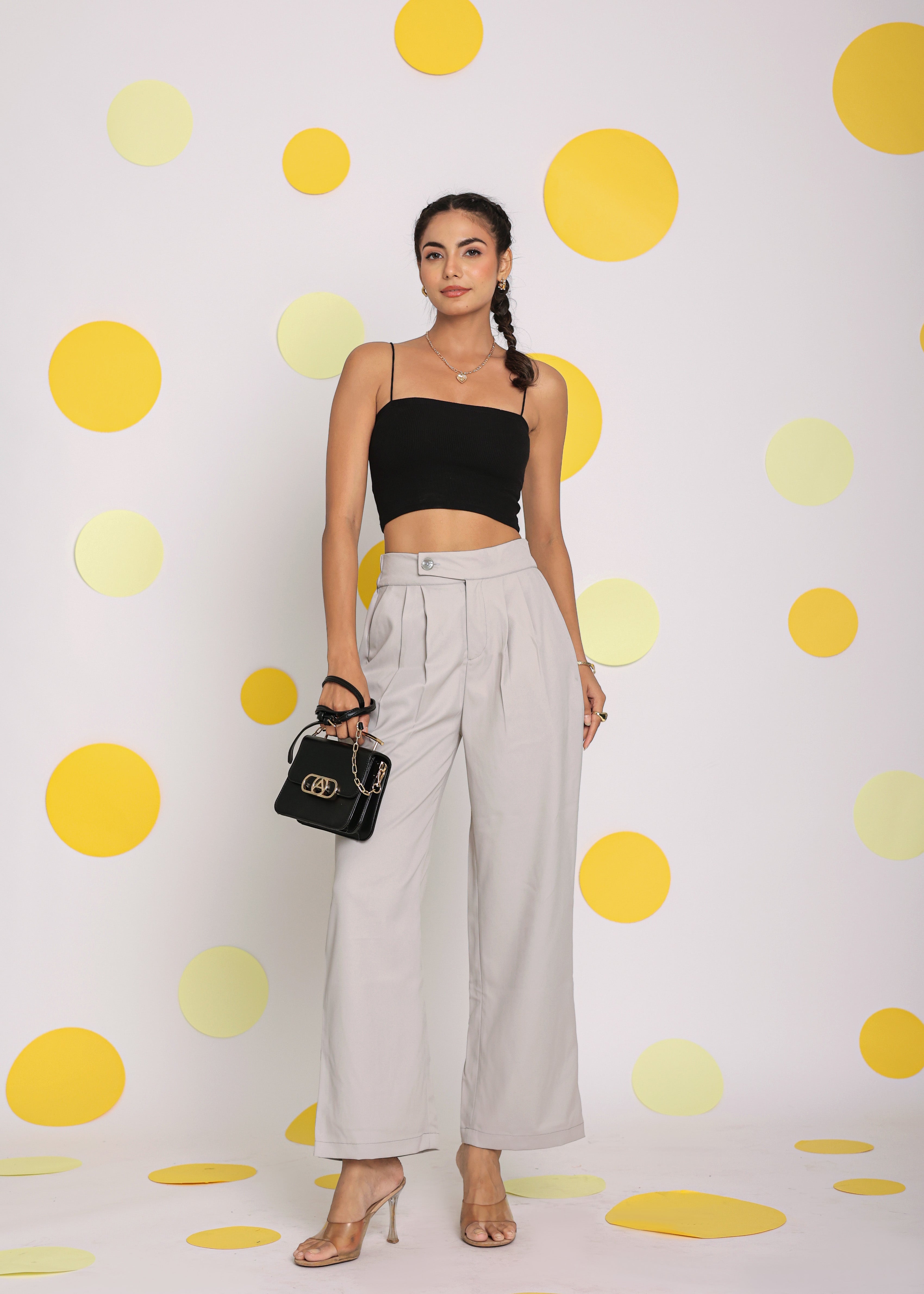 Solid Ash Gray Relaxed Wide Legs Lycra Twill High Waist Korean Pants - Kaoribyshreya