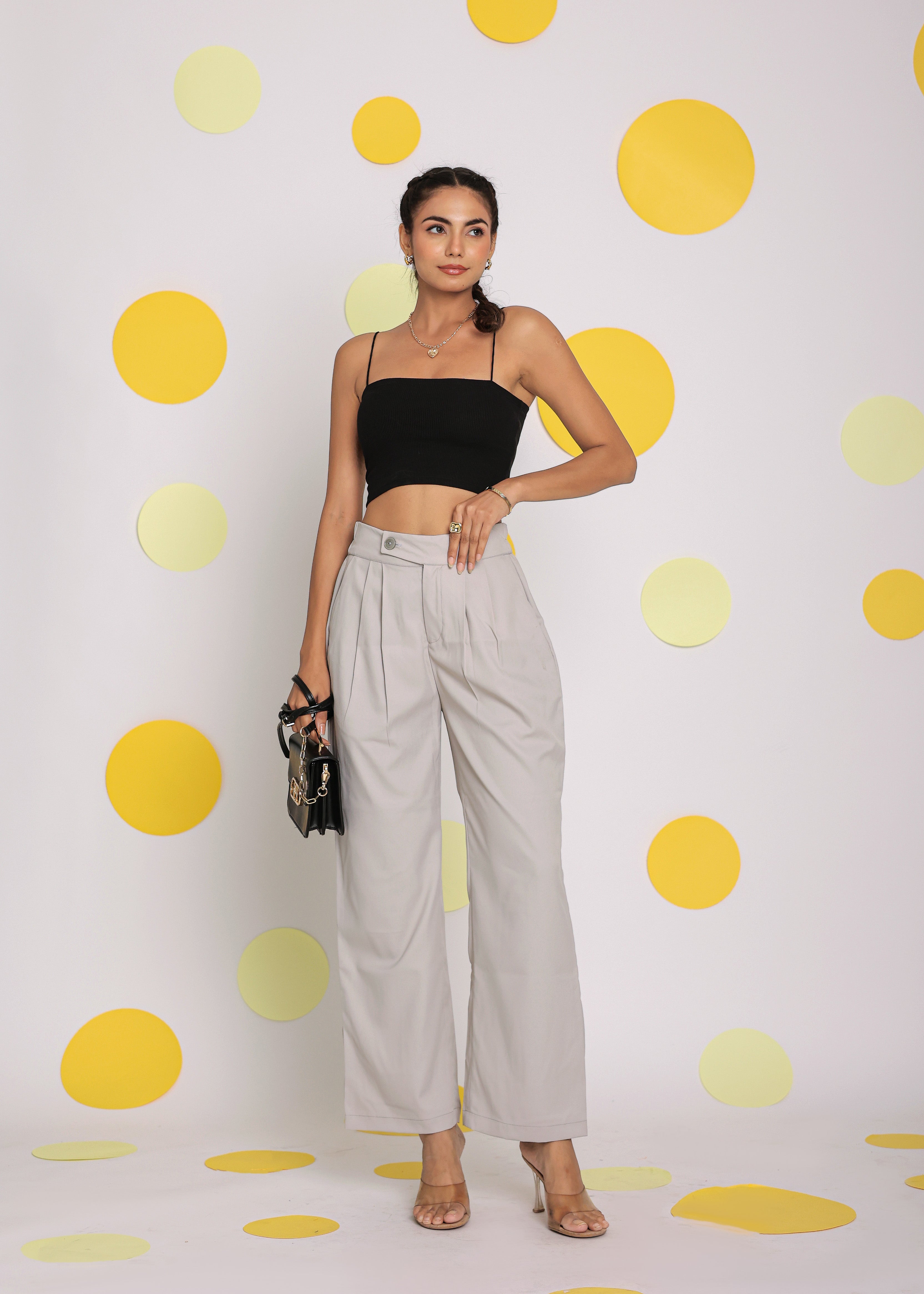 Solid Ash Gray Relaxed Wide Legs Lycra Twill High Waist Korean Pants - Kaoribyshreya